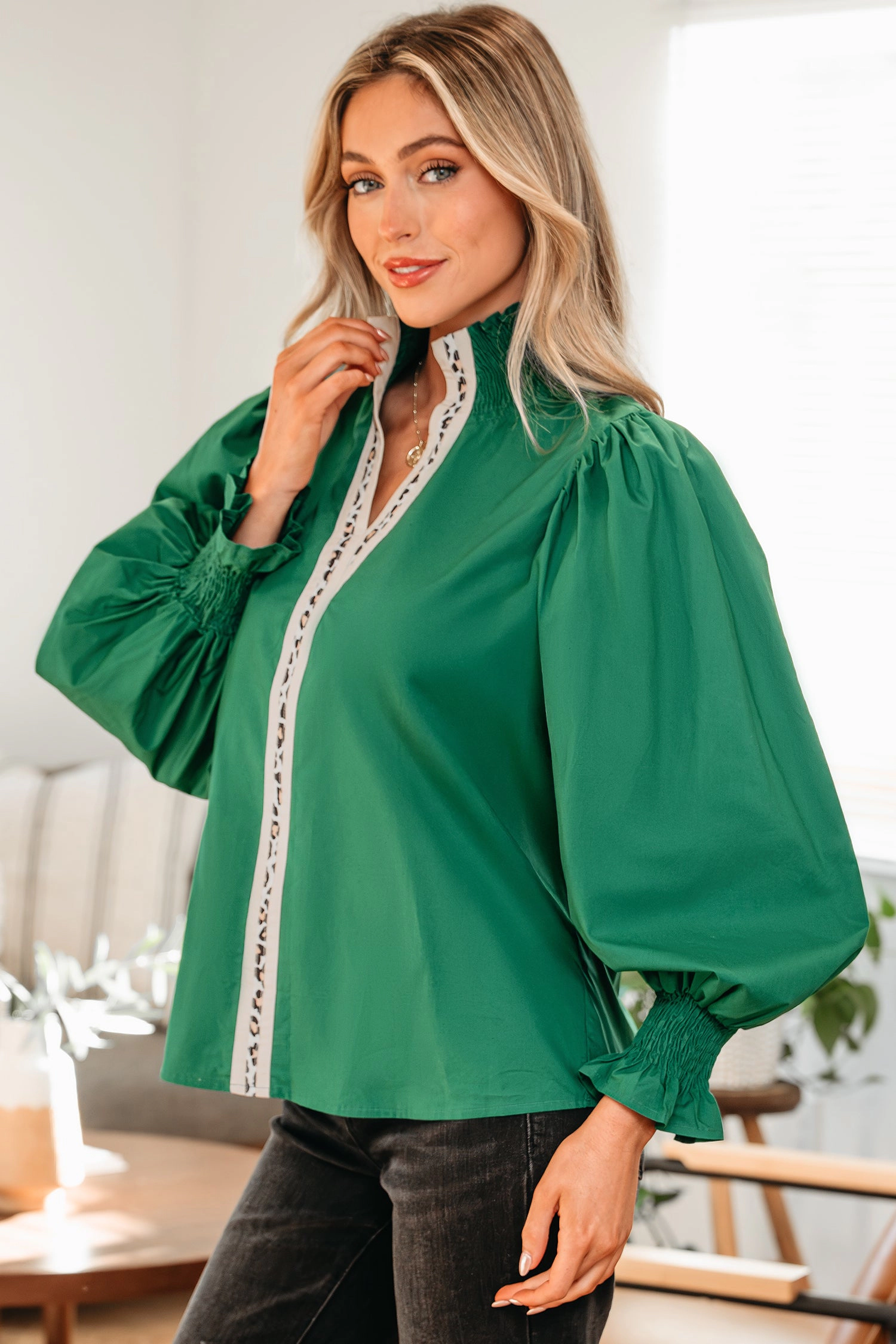 Threaded Pear Women's Everly Flounce Sleeve Trim Blouse