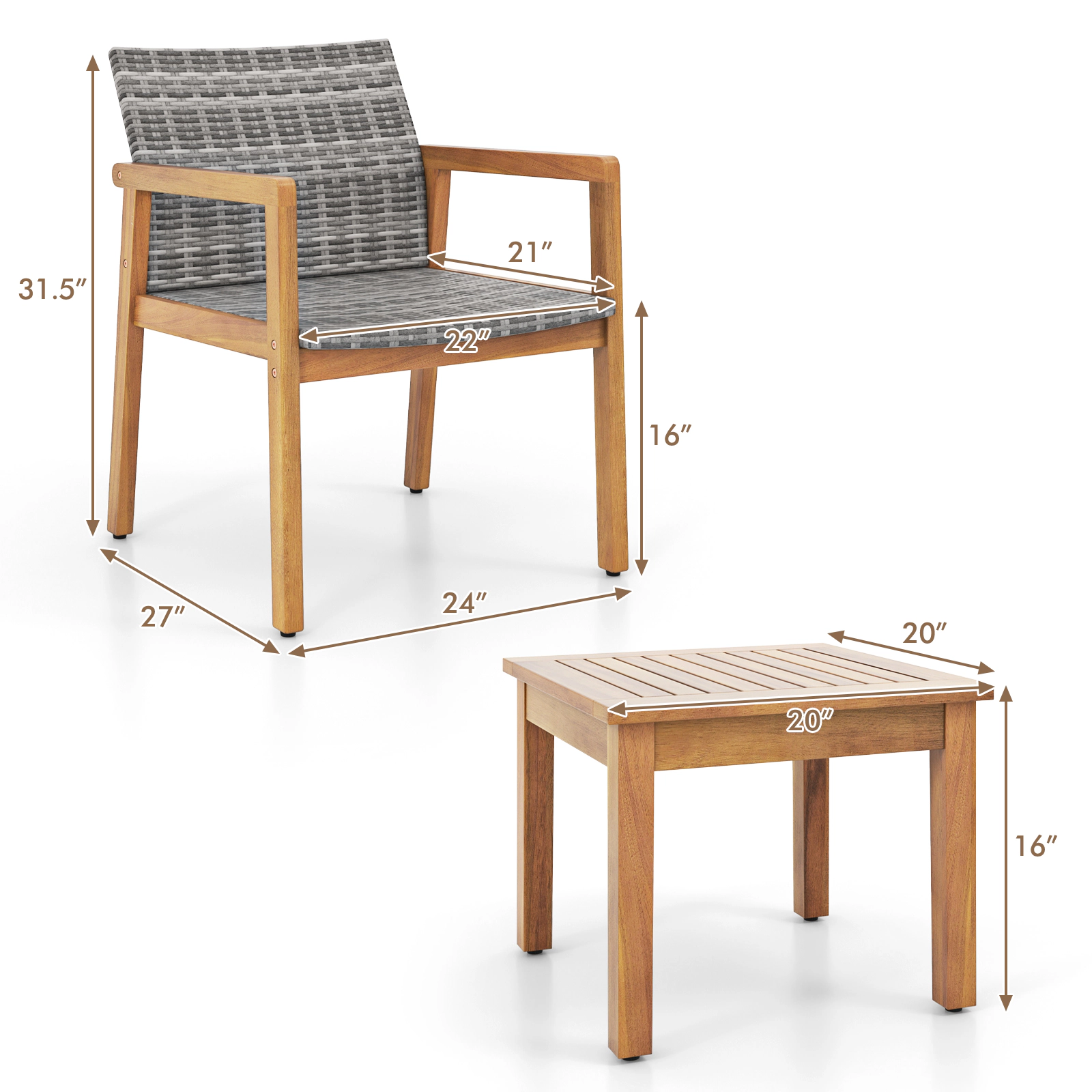 SUGIFT 3-Piece PE Rattan and Acacia Wood Patio Conversation Set with Coffee Table 400-lb Chair Capacity Mix Gray