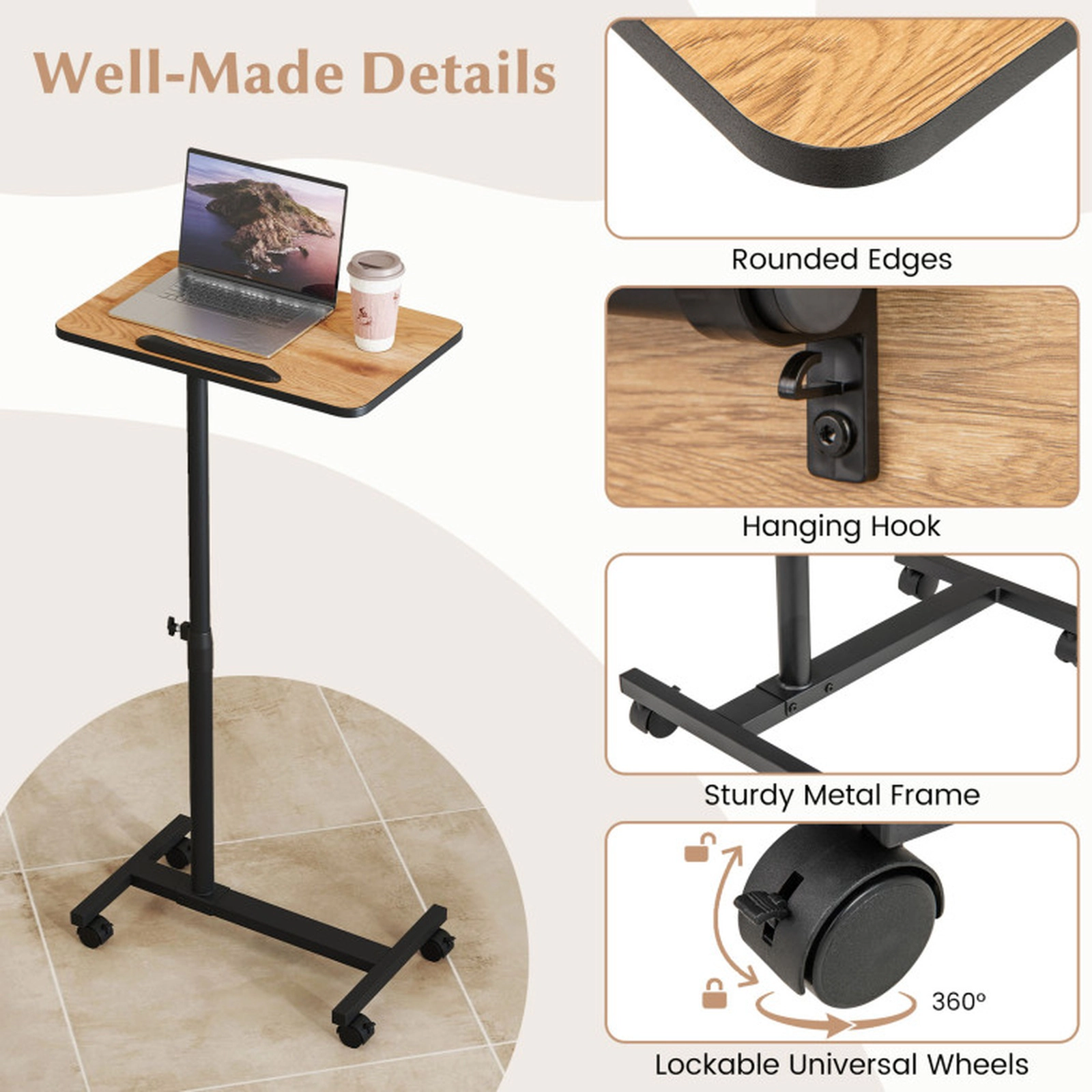 SUGIFT Adjustable Overbed Rolling Lap Desk Food Tray Table 33-lb Capacity Brown + Black/Gray + Black/Walnut