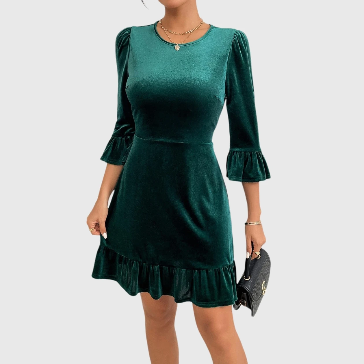 YesFashion Women's Ruffle Sleeve Velvet Midi Dresses Casual Christmas Cocktail Party Work Dress