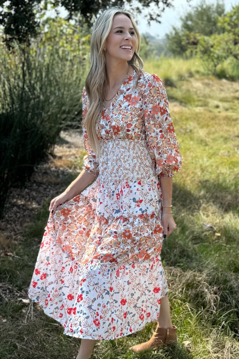 Threaded Pear Women's Lily Floral Ruffled Tiered Midi Dress
