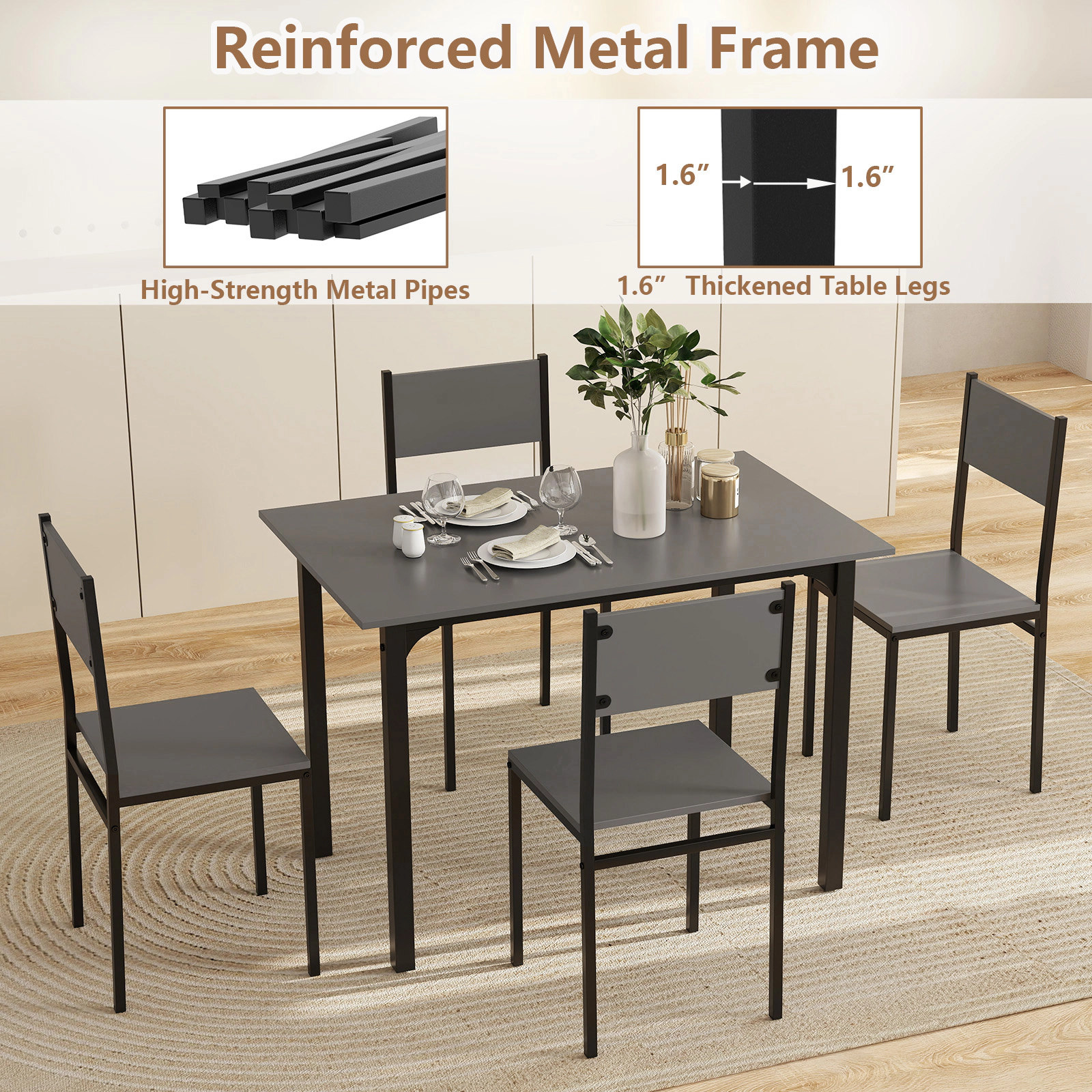 SUGIFT 5-Piece Rustic Brown Industrial Dining Set with 4 Armless Chairs