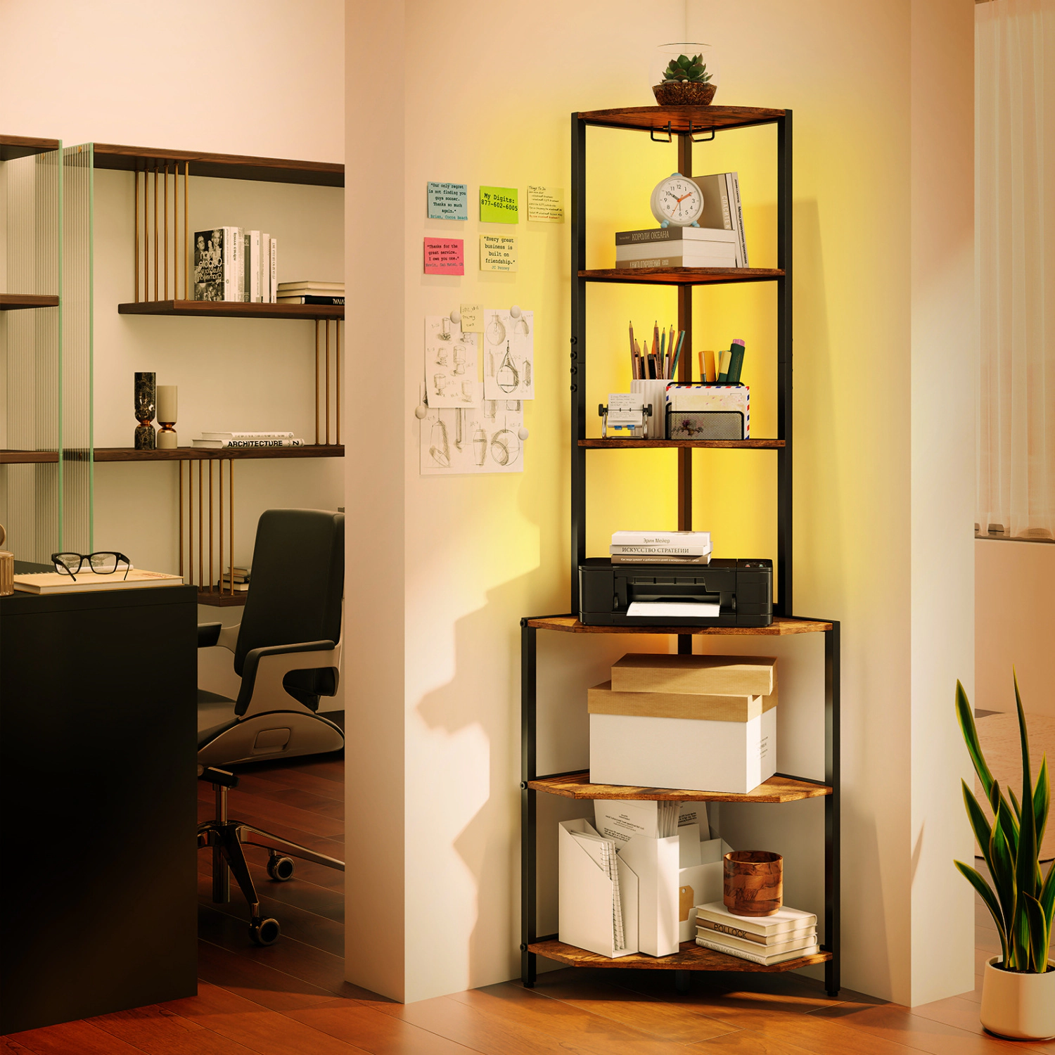 LJG 65 Inch 6-Tier Corner Shelf with Charging Station and Ambience Light