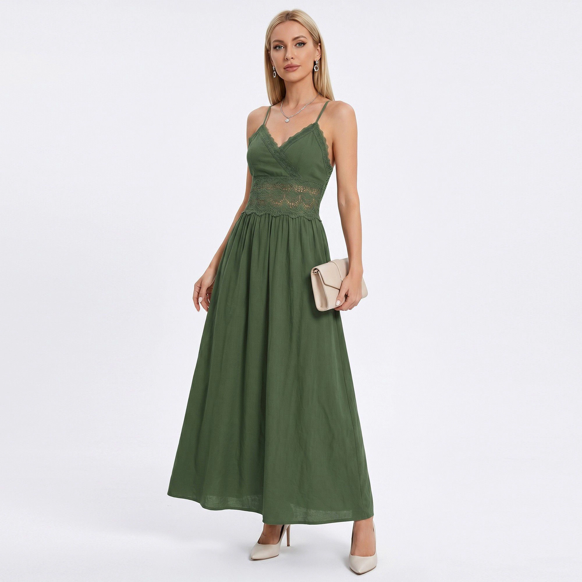 Anna-Kaci Women's Lace Waist Spaghetti Straps Surplice V-Neck Bodice Maxi Dress