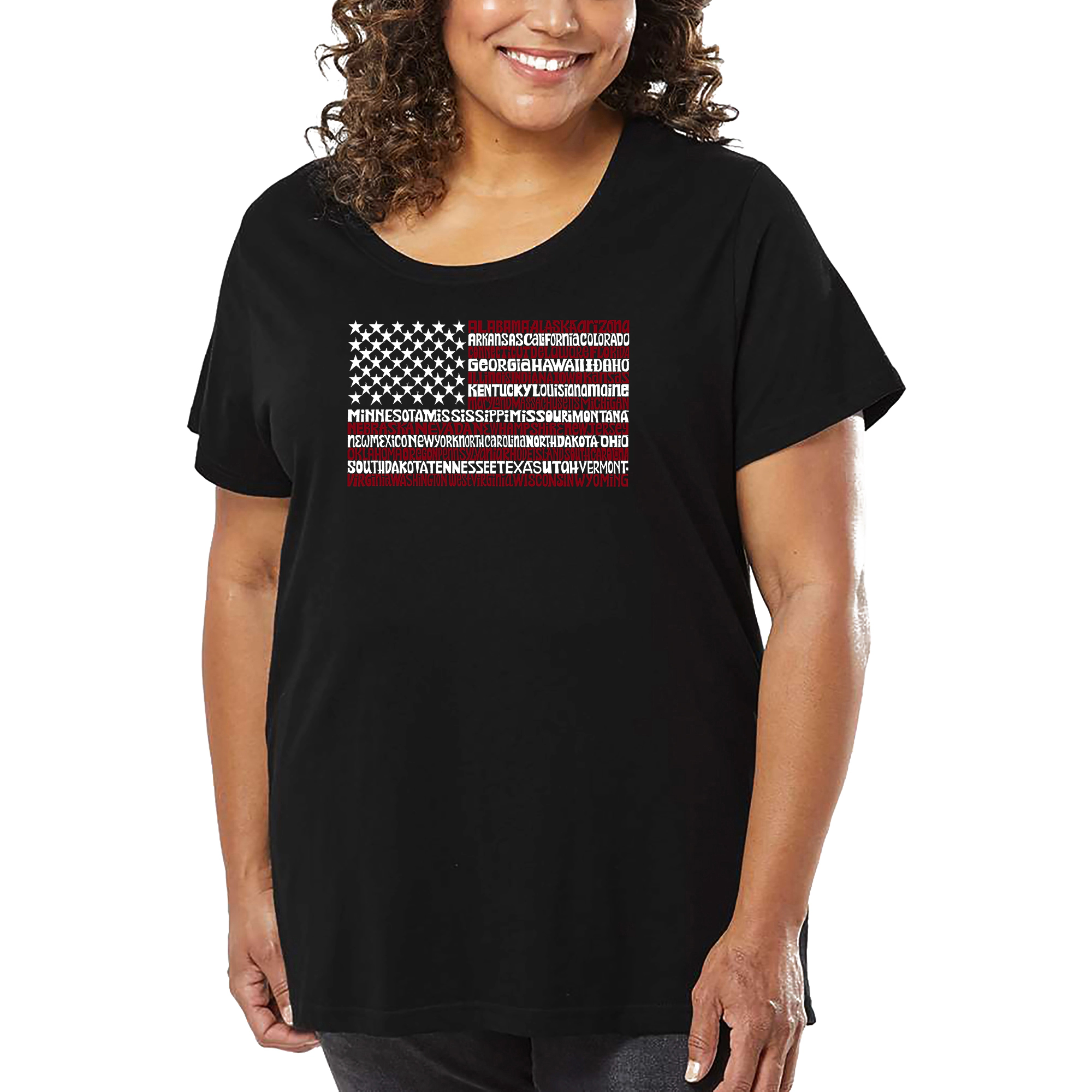 LA Pop Art Women's Plus Word T-Shirt - 50 States US Flag