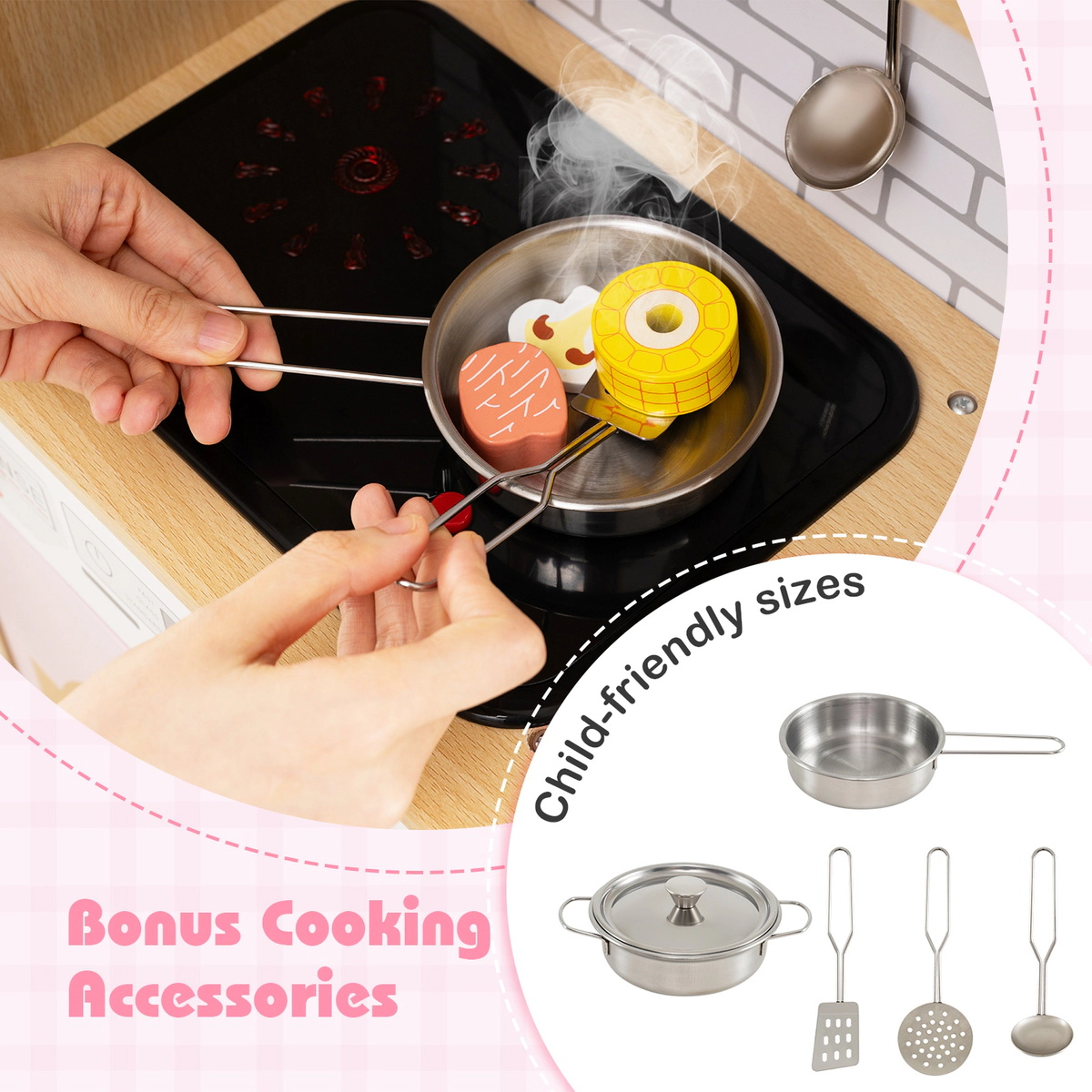 SUGIFT Pink Rattan Doors Lights Sounds and Washing Machine Kids Wooden Kitchen Playset
