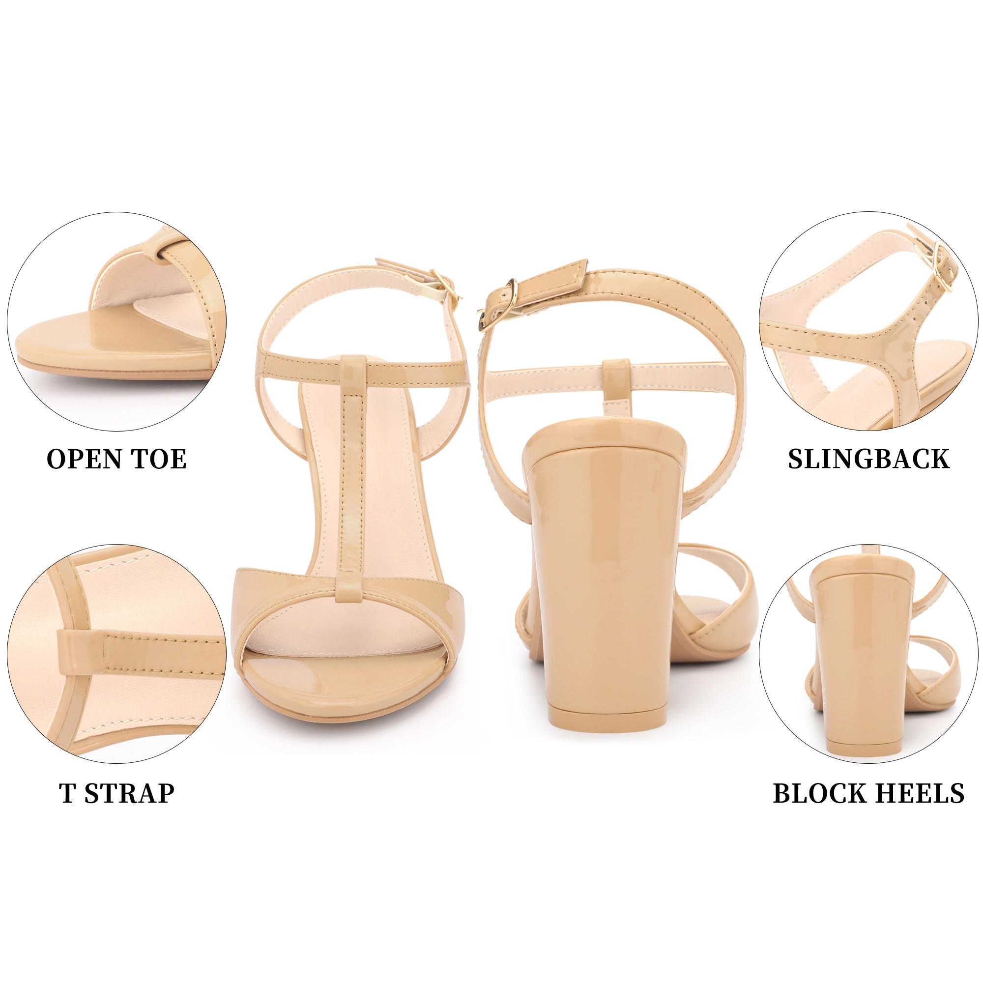 BLISSFUL STEP Women's Chunky Heel Open Toe T-Strap Ankle Strap Slingback Sandals