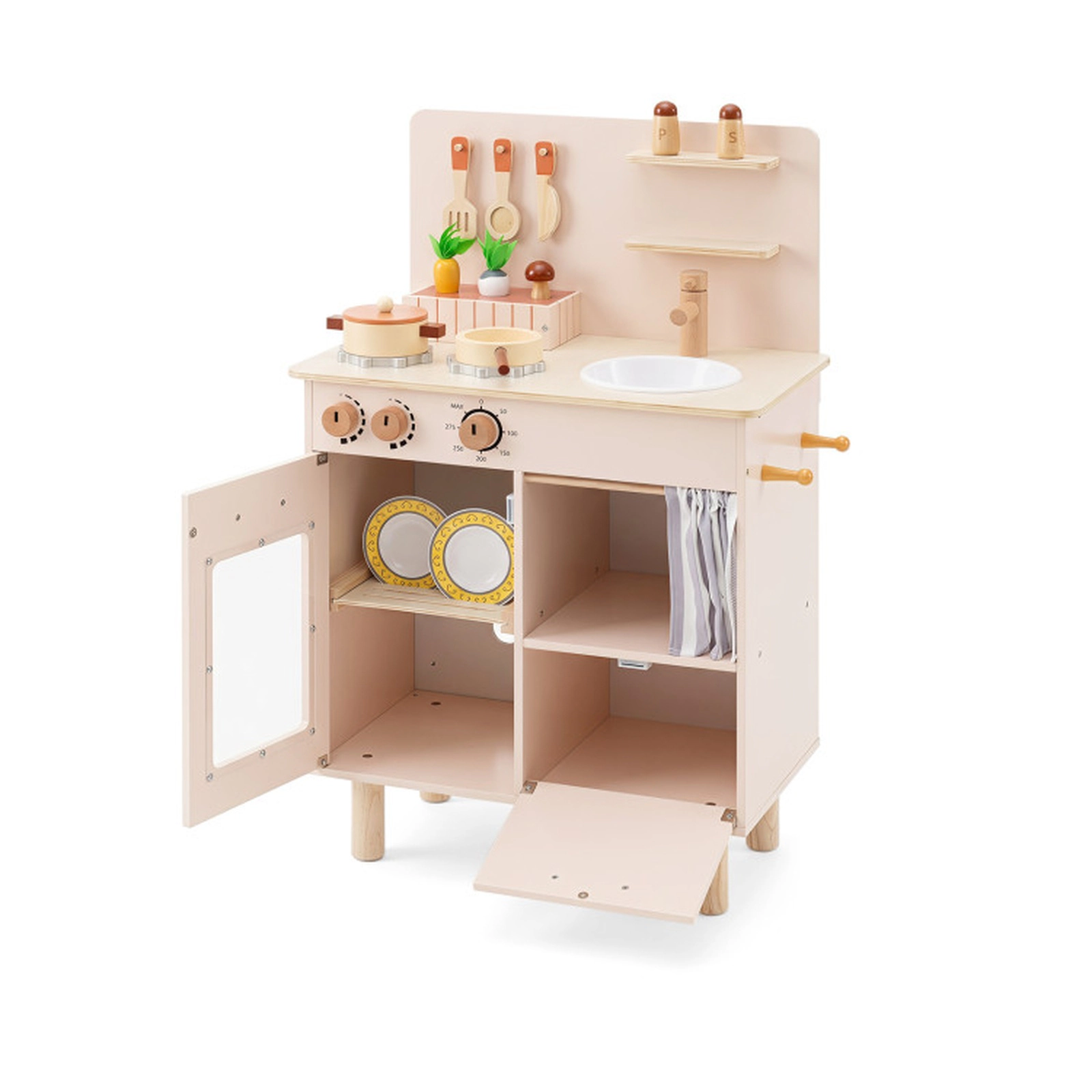 SUGIFT Wooden Play Kitchen for Kids Toddler Kitchen Playset with Stoves Faucet and Sink 32-in Tall Ages 3+ Beige