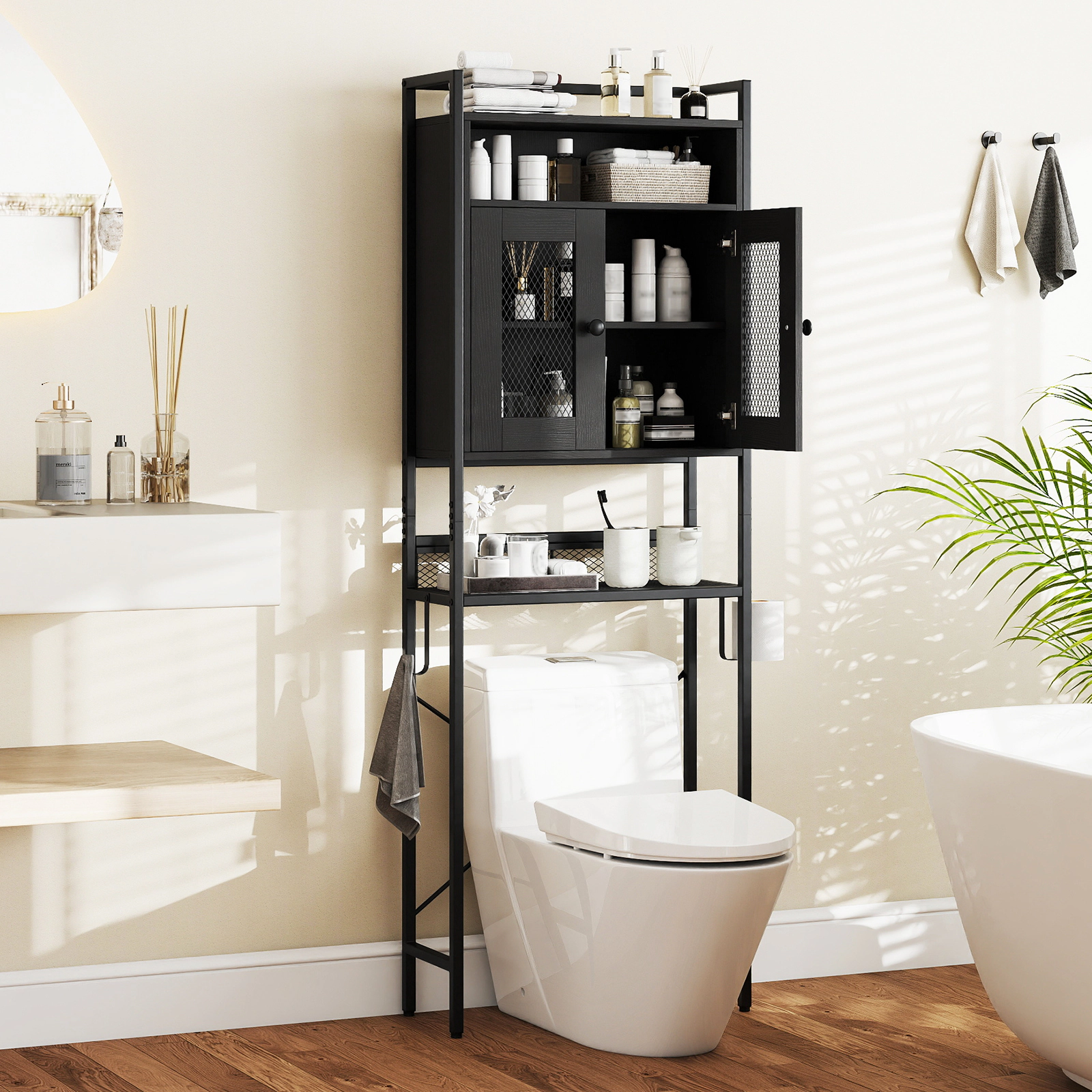 SlickBlue Bathroom Over Toilet Storage Cabinet 23.5 Inch Wide with Adjustable Shelf and Metal Frame Black