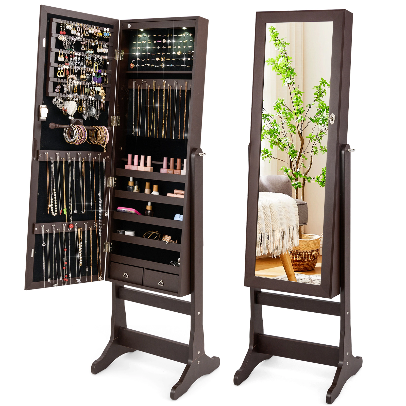 Slickblue Floor Standing Jewelry Cabinet with Mirror, LED Lights and Multi Compartment Storage