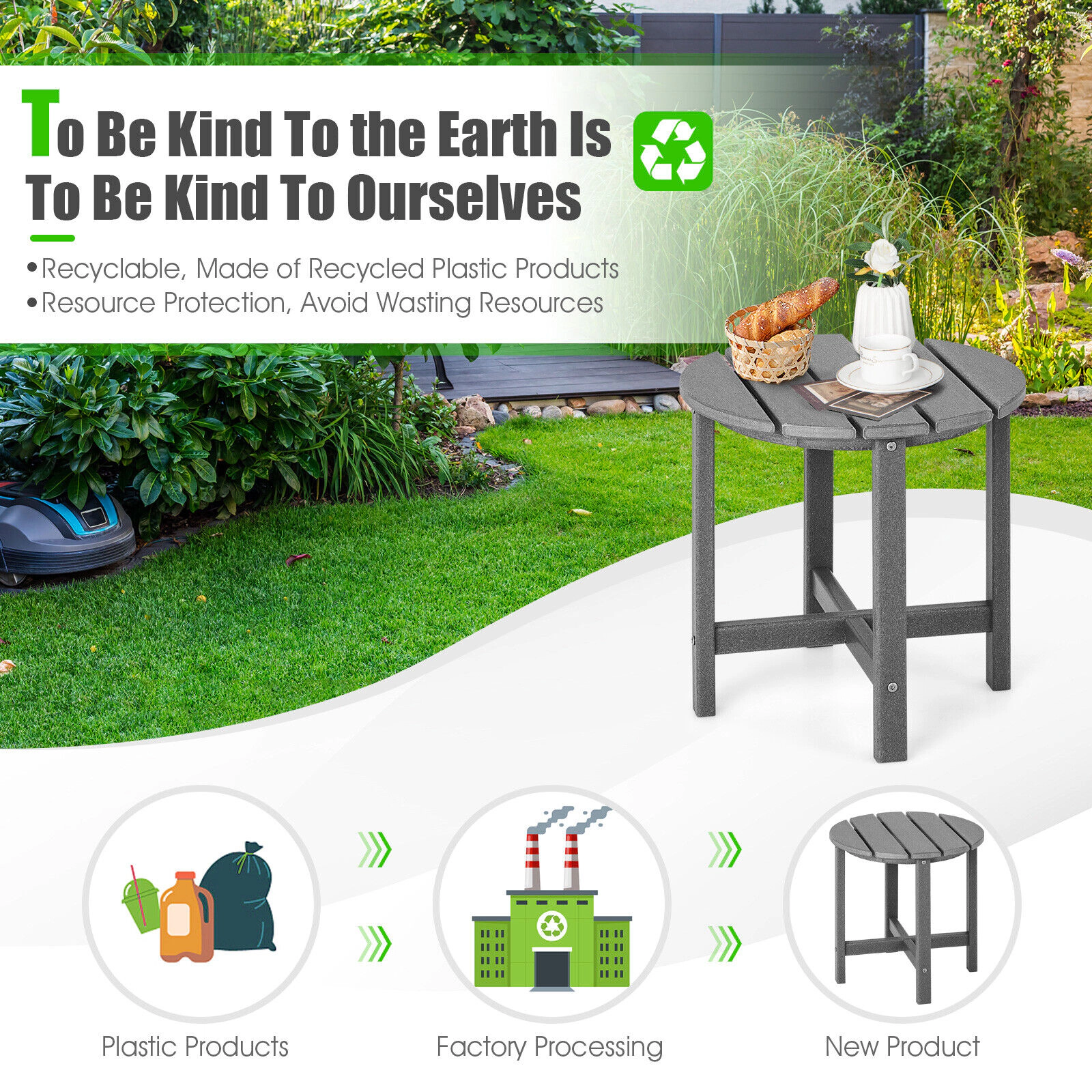 SUGIFT Gray 18-Inch Round HDPE Adirondack Side Table