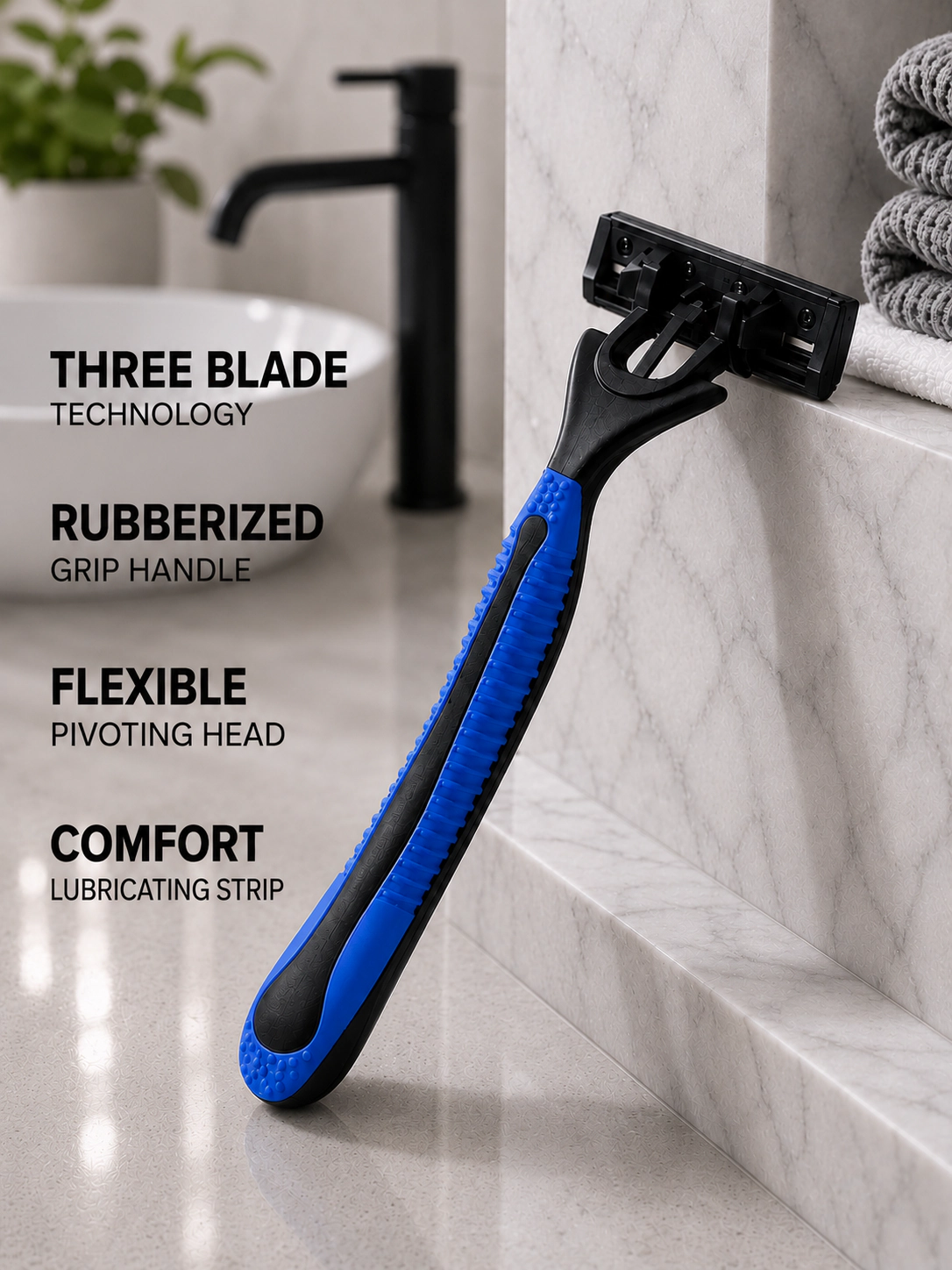 Pursonic Men's 3-Blade Disposable Razors with Pivoting Head, Lubricating Strip & Rubberized Grip Handle 6-Pack