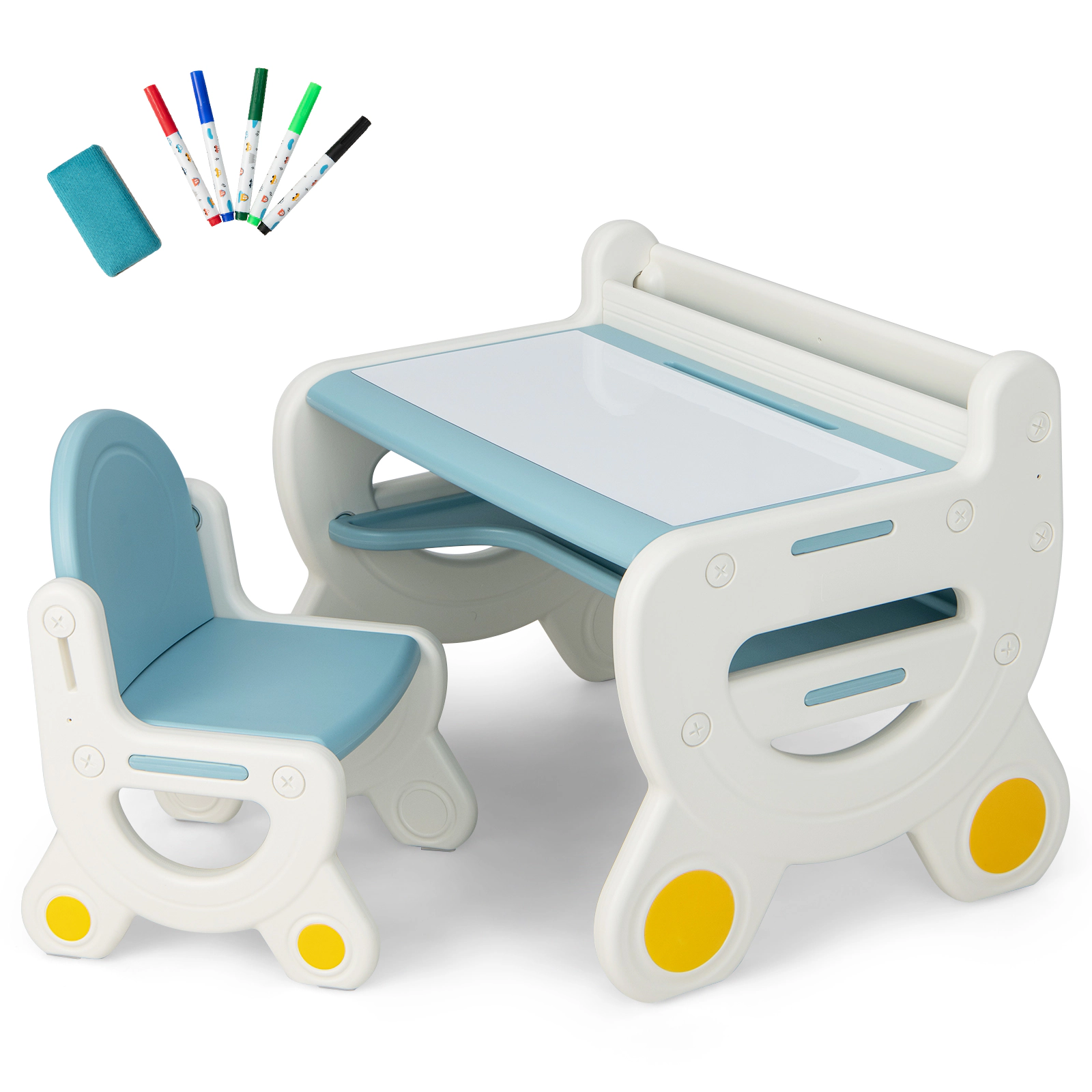 SUGIFT Kids Drawing Table and Chair Set with Watercolor Pens and Blackboard Eraser 110-lb Chair Capacity Ages 3-8 Blue