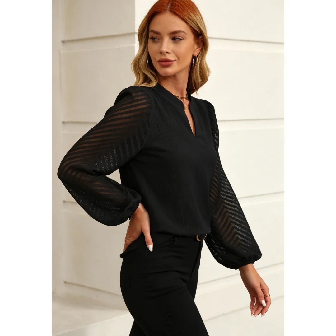 Coolmee Women Casual Tops Lace Long Sleeve Blouses Work Office Pleated V Neck Shirt Formal Outfits