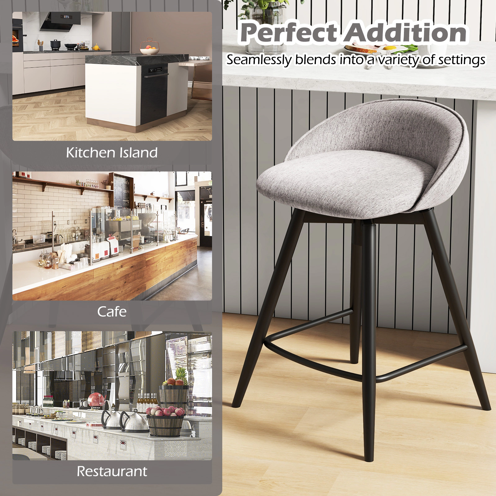 SUGIFT Gray Low Backrest and Footrest Set of 2 Upholstered Swivel Bar Stool
