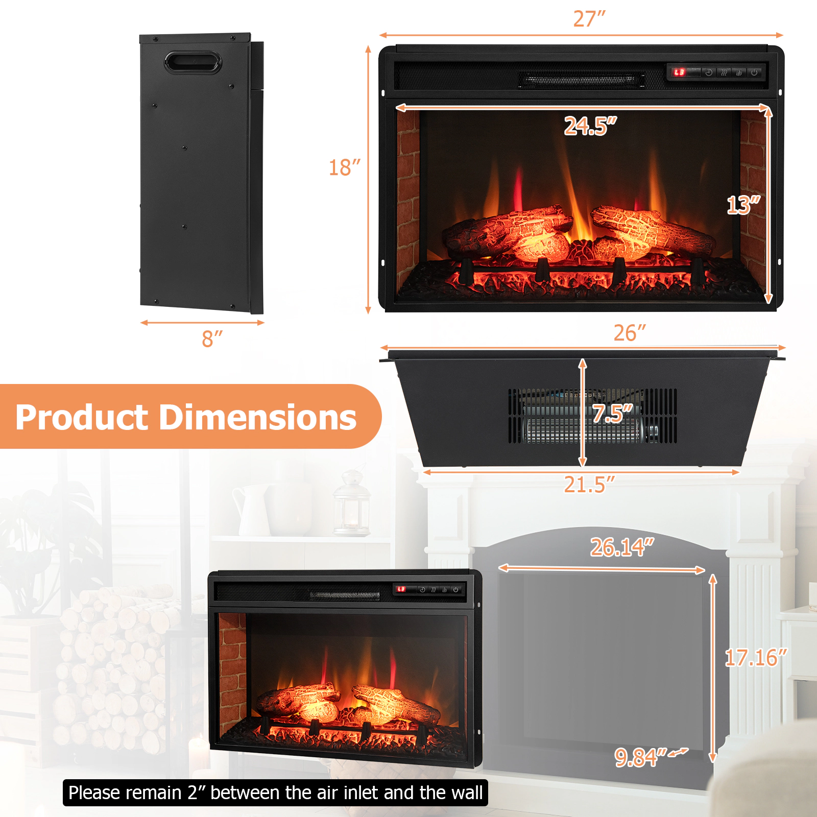SlickBlue 27-Inch Electric Fireplace Insert with 3D Flames