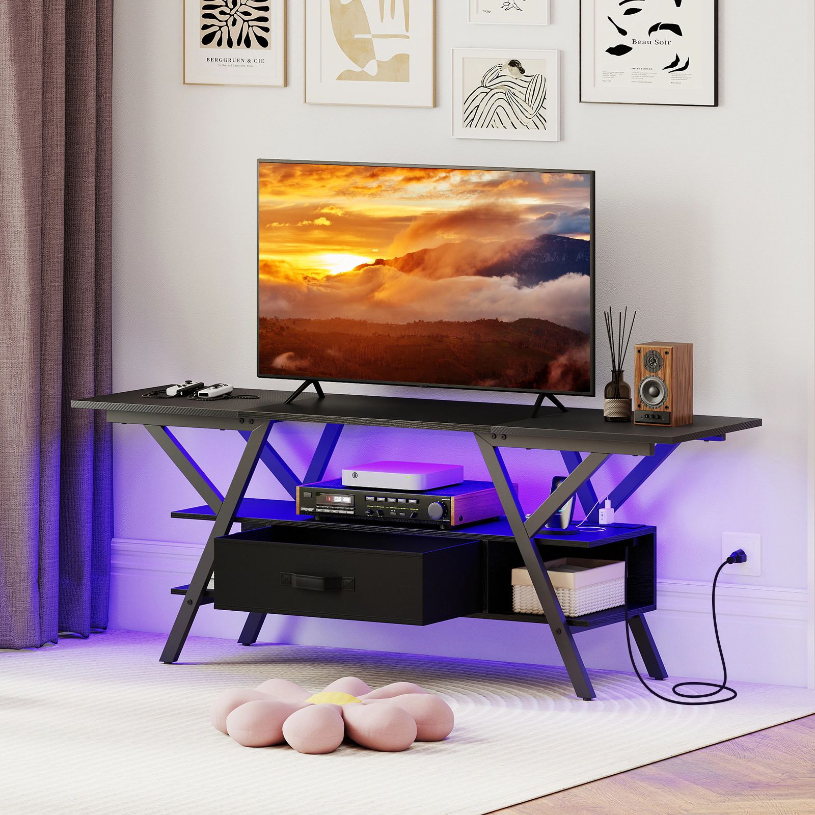 Glintex 55-Inch TV Stand with 16-Color LED Lights and Power Outlets