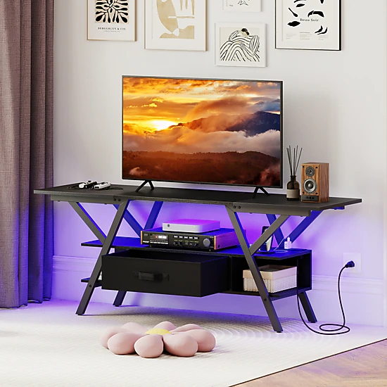Glintex 55-Inch TV Stand with 16-Color LED Lights and Power Outlets