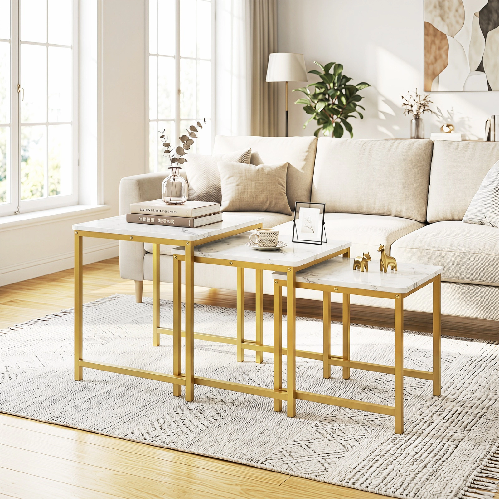 SUGIFT Faux Marble Nesting Accent Tables with Metal Frame Set of 3 90-lb Capacity White & Golden