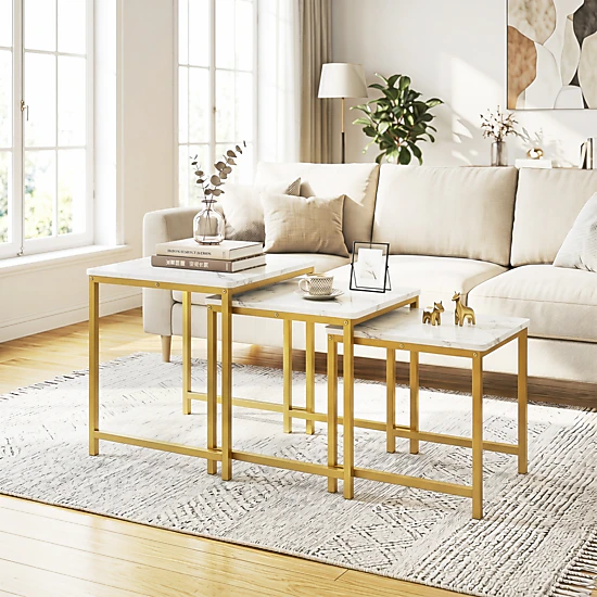 SUGIFT Faux Marble Nesting Accent Tables with Metal Frame Set of 3 90-lb Capacity White & Golden