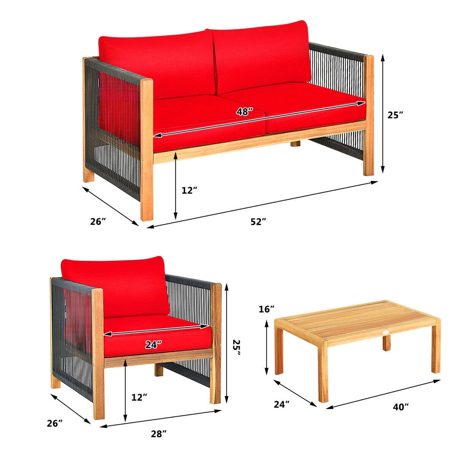 SUGIFT Thick Seat and Back Cushions 4-Piece Red Acacia Wood Patio Furniture Set