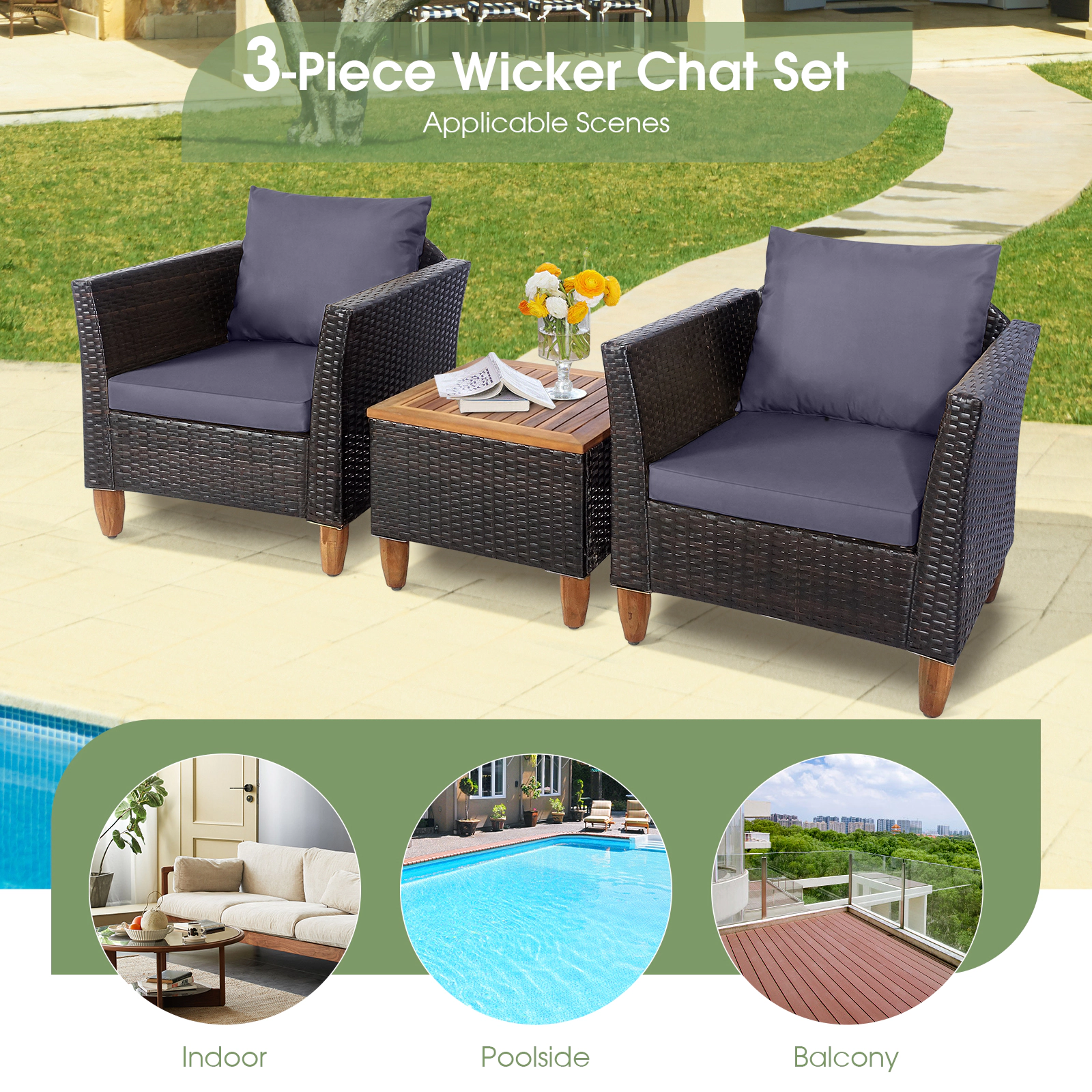 SUGIFT Outdoor Patio Wicker Conversation Set with Cushions and Acacia Wood Coffee Table 400-lb Chair Capacity Gray