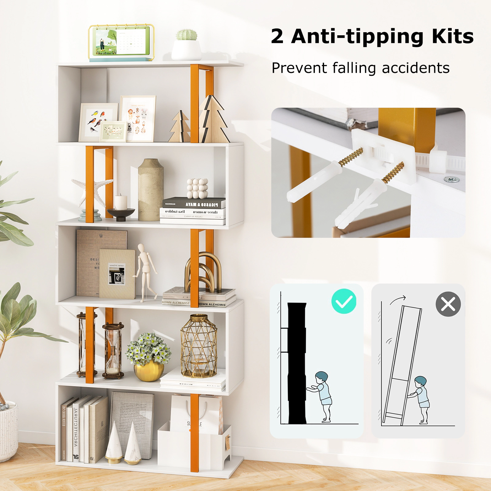 SUGIFT White and Gold Metal Frame and Anti-Tipping Kit Geometric Bookcase