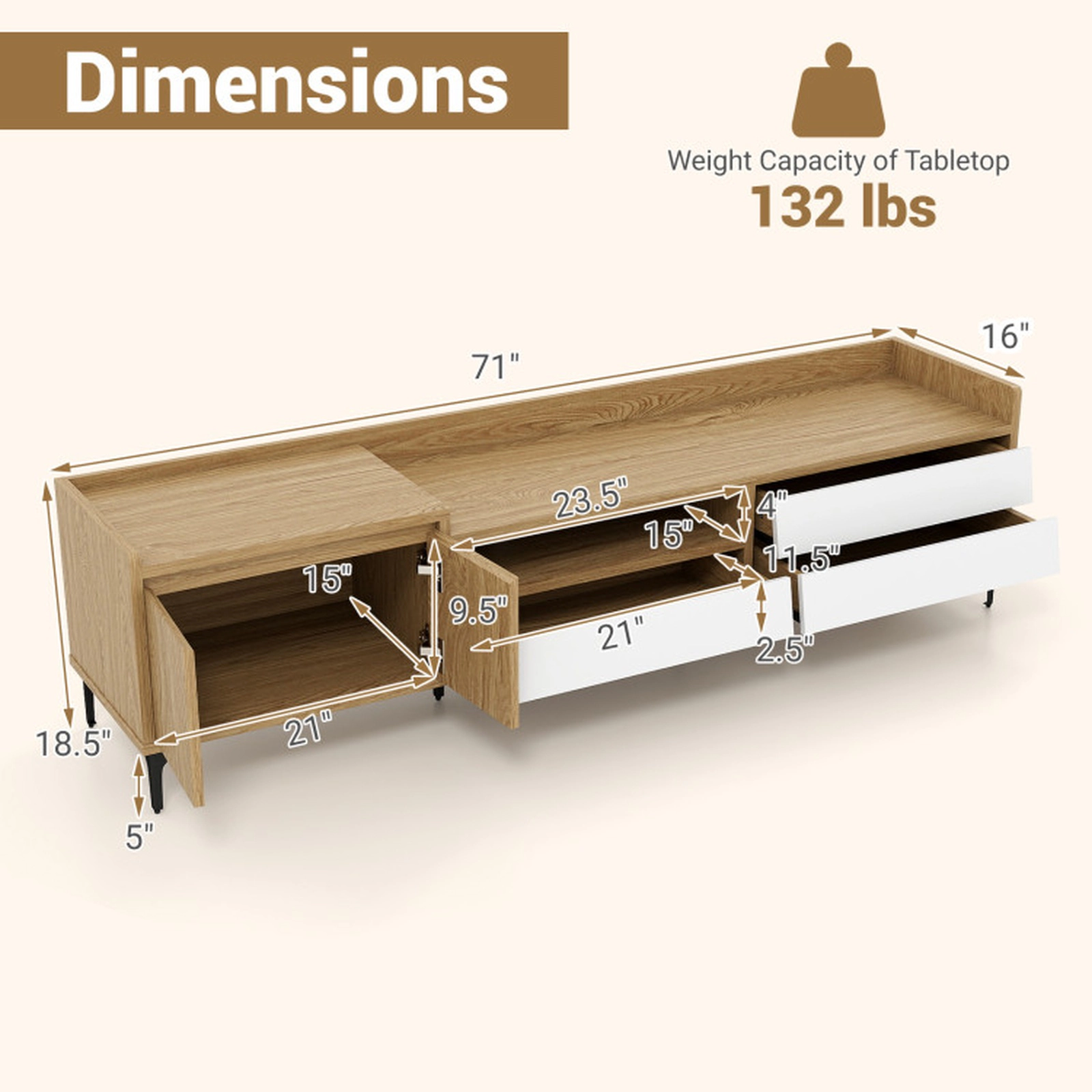 SUGIFT Mid-Century Modern TV Stand for TVs up to 80 in, 3 Drawers, Door Cabinet