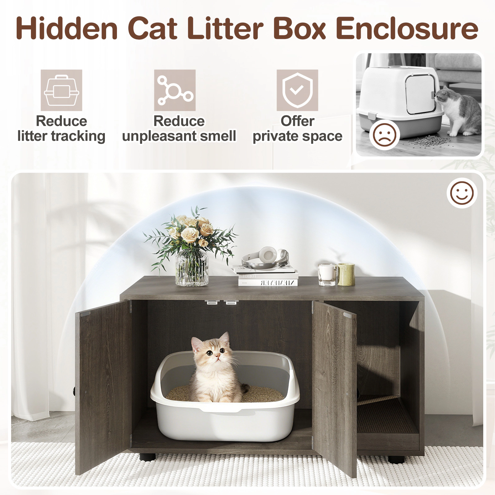 SUGIFT 35.5 x 20-in 88-lb Capacity Oak Wooden Hidden Litter Box Enclosure Furniture with Removable Scratching Board