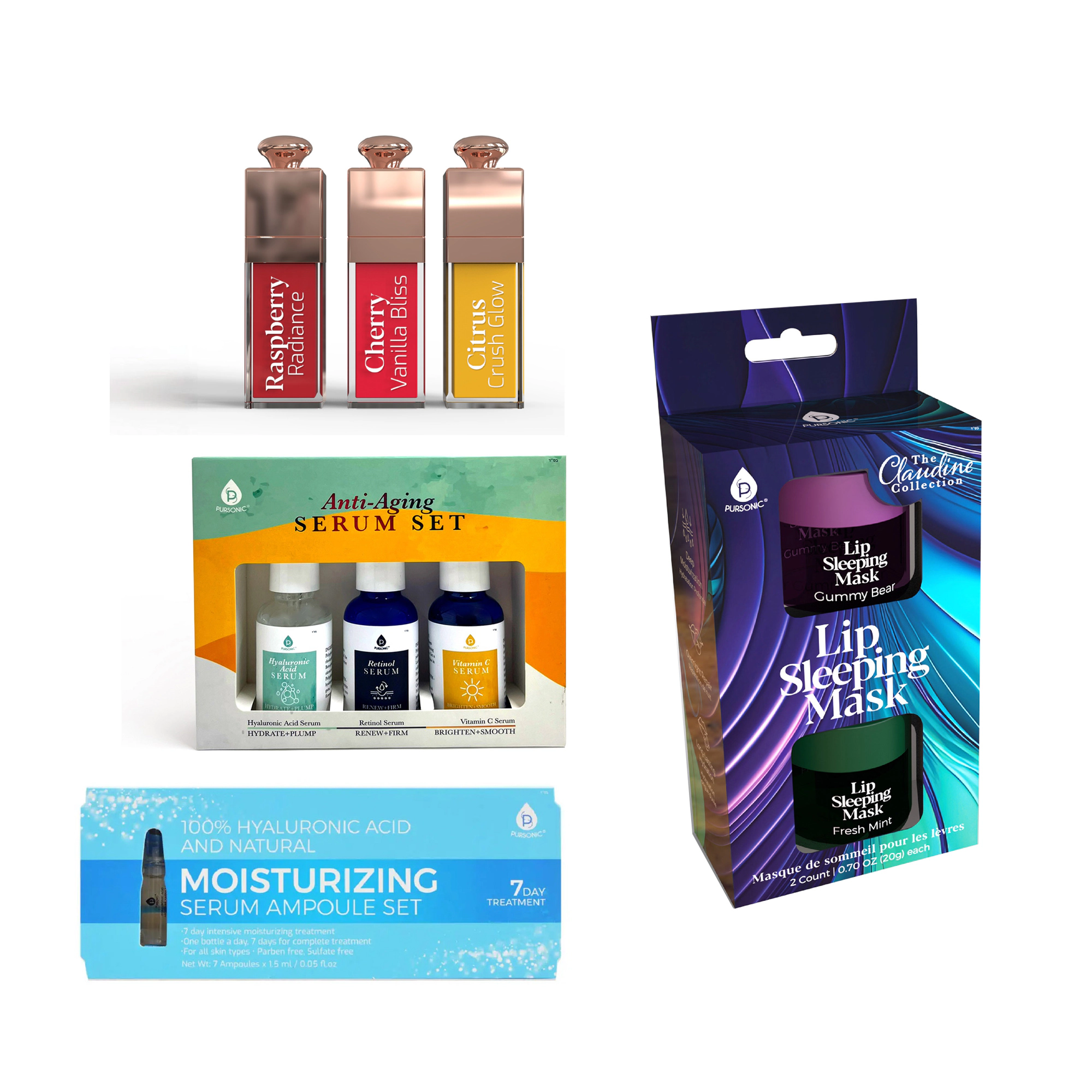 Pursonic Women’s Skincare & Lip Care Glow Collection: Lip Oils, Overnight Lip Mask, Serum Set & Hyaluronic Treatment