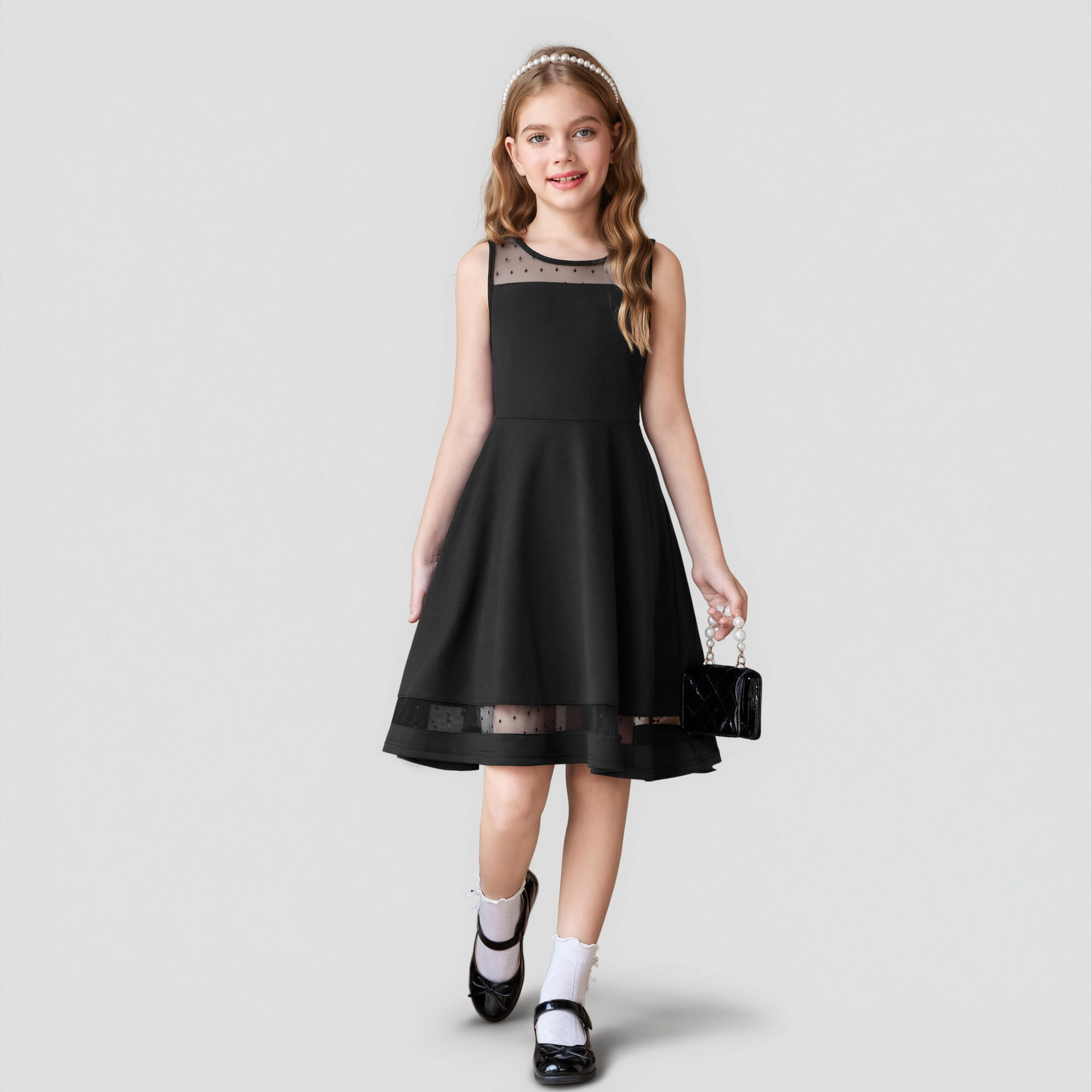 Arshiner Girls Elegant Dresses Sleeveless Round Neck Aline Party Dance Graduation Mesh Dress