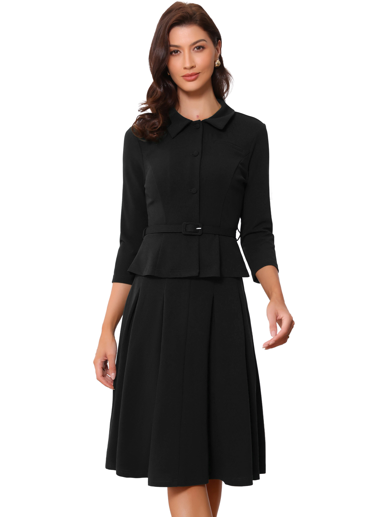 INSPIRE CHIC Women's Suit Skirt 2 Pieces Set Office 3/4 Sleeve Blazer and Pleated