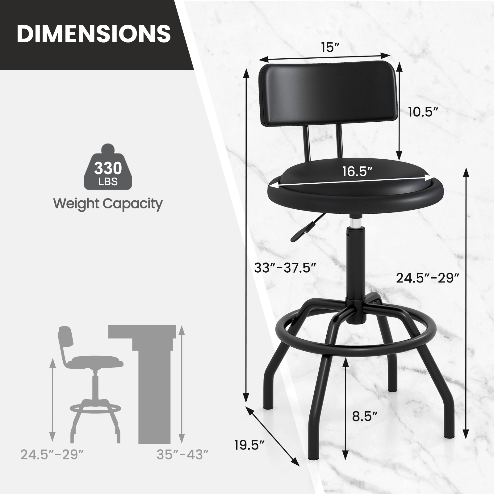 SUGIFT 360° Swivel Adjustable Counter Height Bar Stool with Padded Seat and Back 330-Lb Capacity Black Set of 2