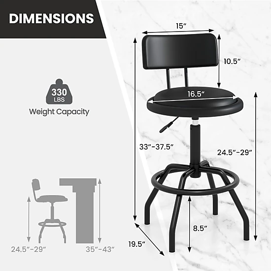 Glintex Adjustable Swivel Counter Stool with Padded Seat and Curved Back, Black