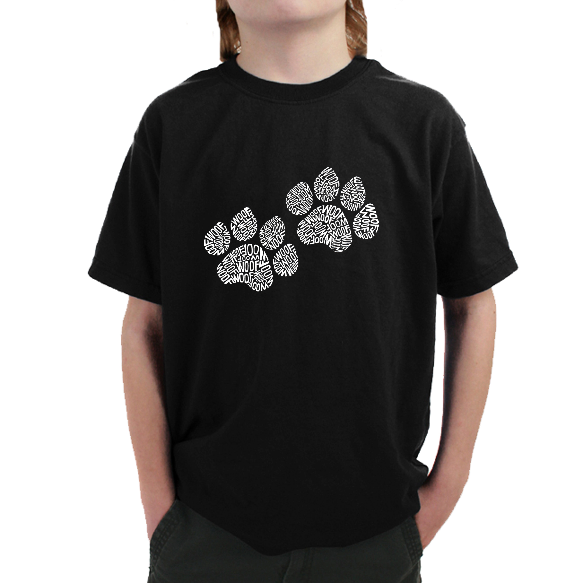 LA Pop Art Boy's Word T-Shirt - Woof Paw Prints