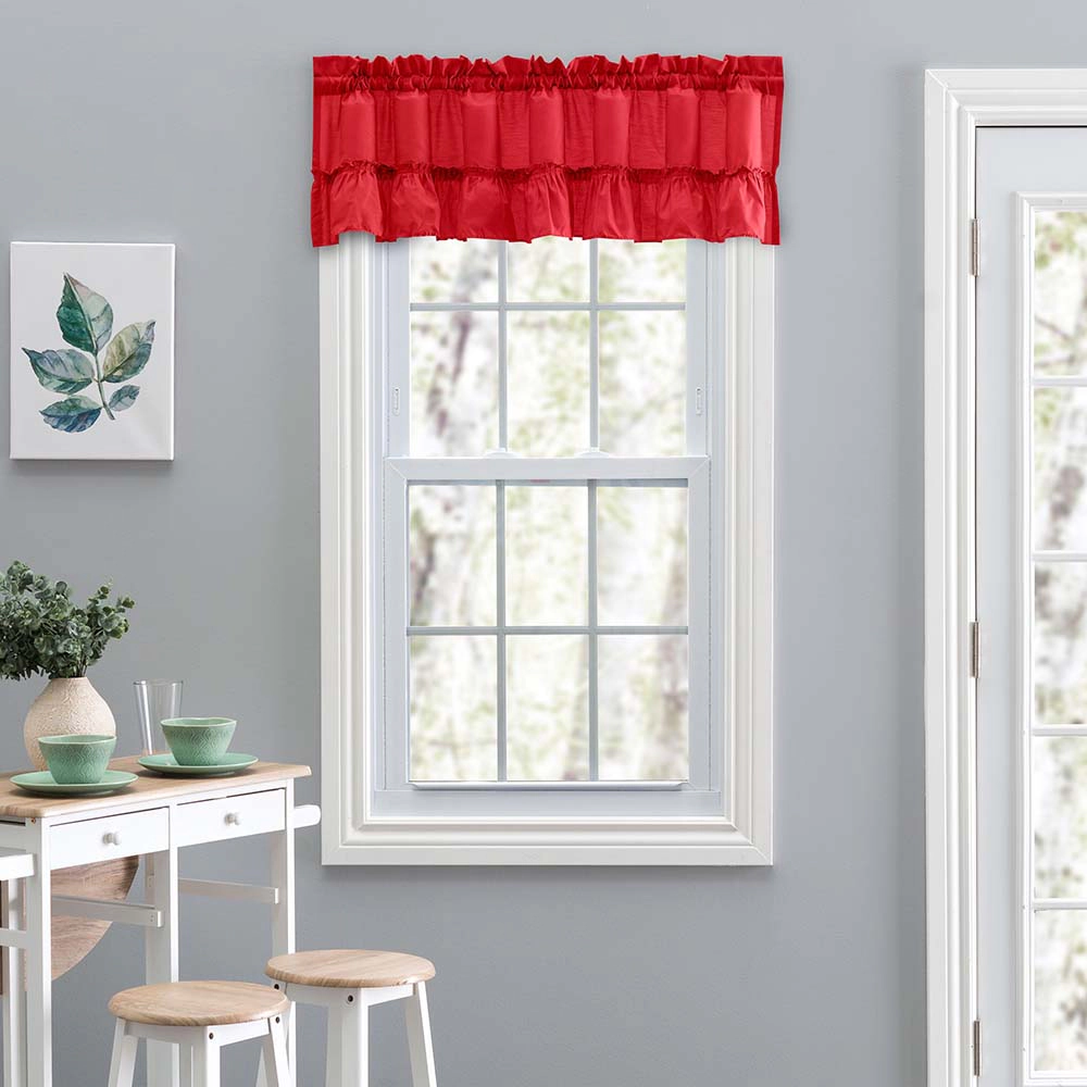 Ellis Curtain Stacey 1.5" Rod Pocket Ruffled Window Treatment Filler Valance 54"x13" Red
