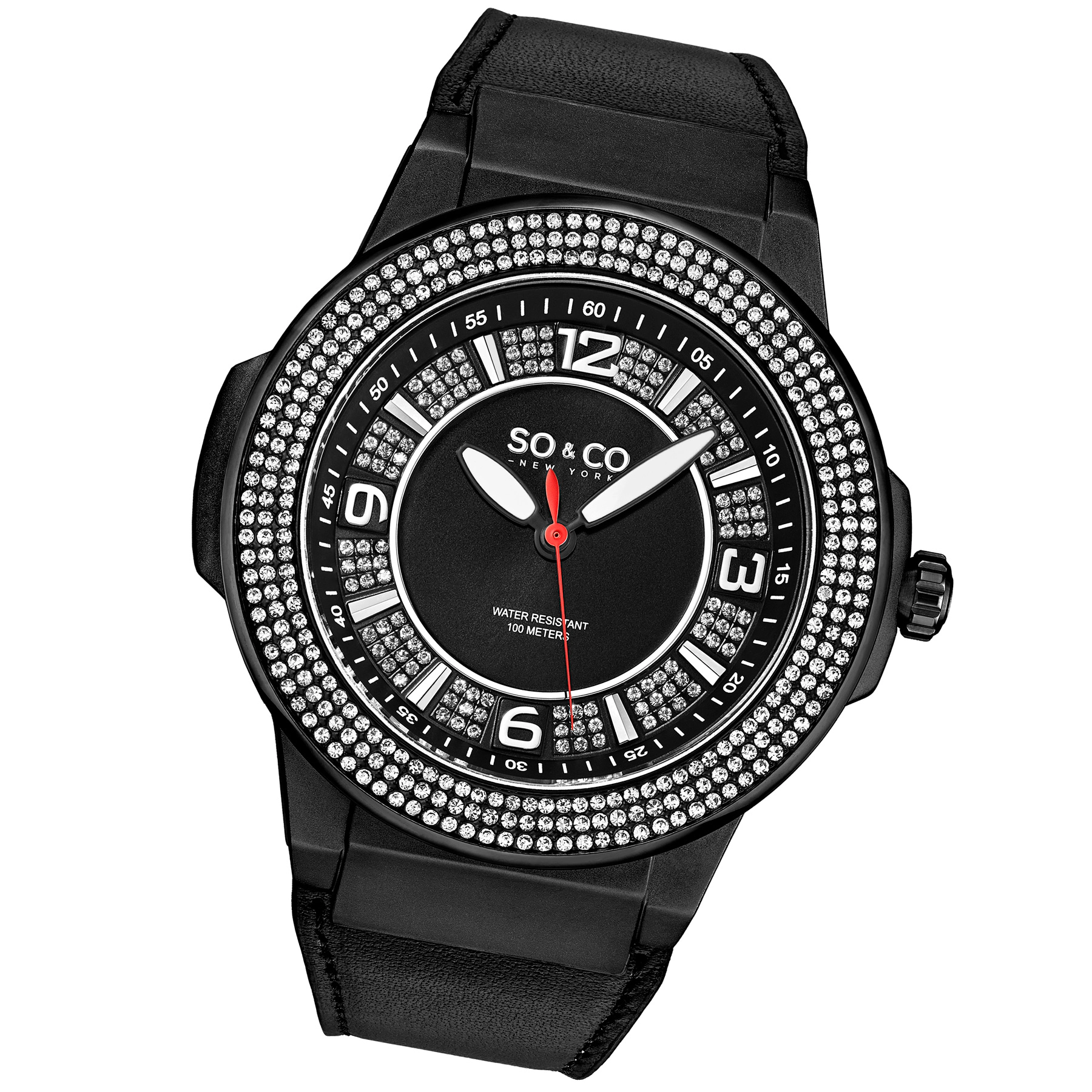 SO&CO Tribeca 5565L 48mm Crystal Studded Quartz Watch with Dodecagonal Ring Leather Strap