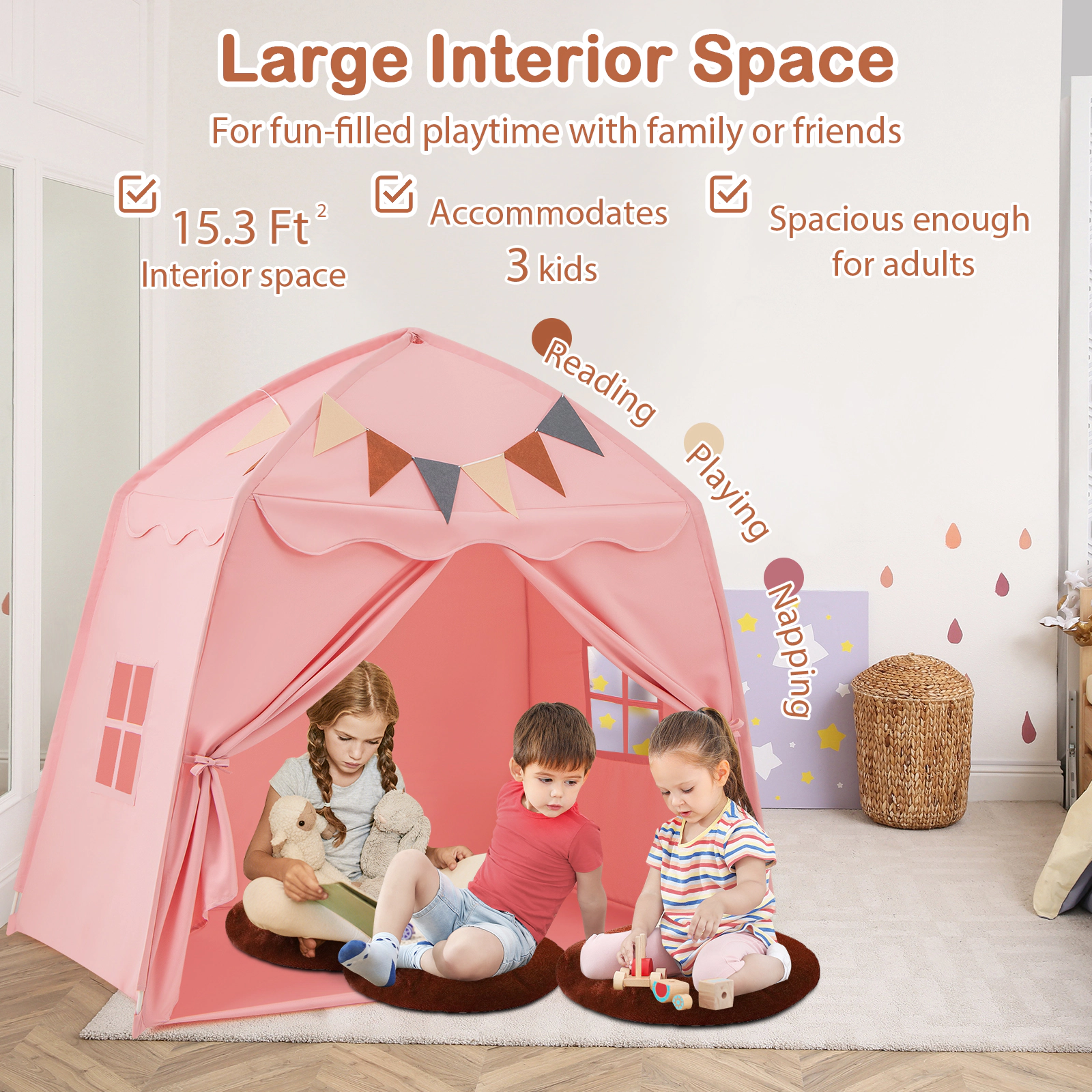 Extra Large Kids Play Tent and Bed Tent for Beds Up to 54-in Wide Pink Boho Playhouse