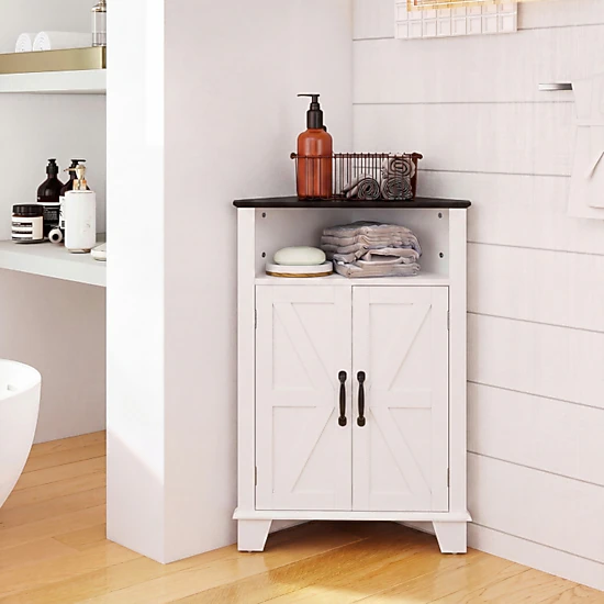 SUGIFT 4-Tier 33-in Freestanding Corner Storage Cabinet with Doors and Open Shelf for Bathroom Kitchen