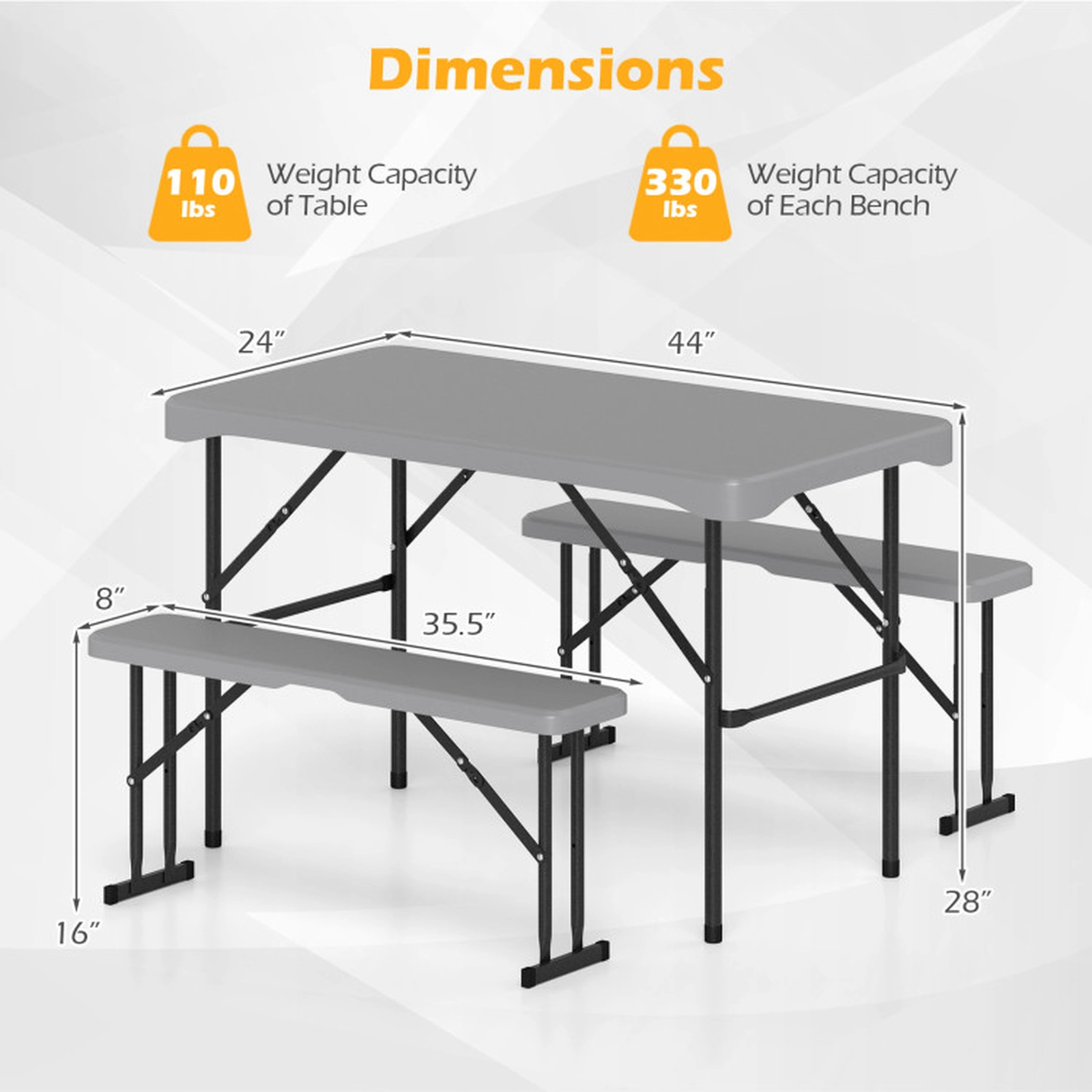 SUGIFT 44 in Folding Picnic Table Set Gray HDPE with 2 Benches and Honeycomb Top