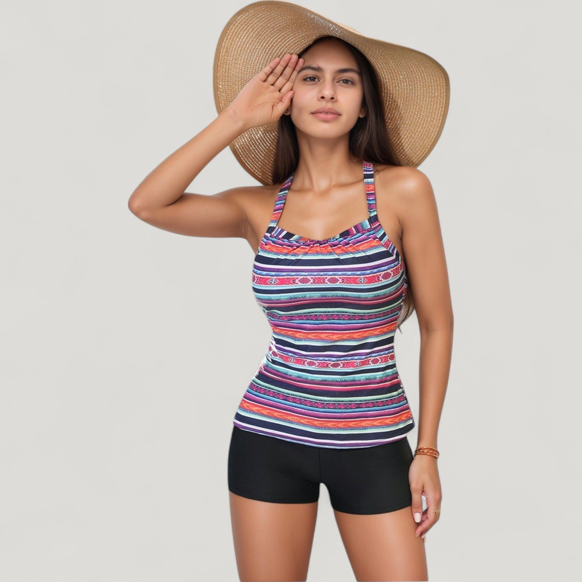 Anna-Kaci Women's Striped Tankini Top and Mid-Rise Swim Shorts Two-Piece Swimsuit