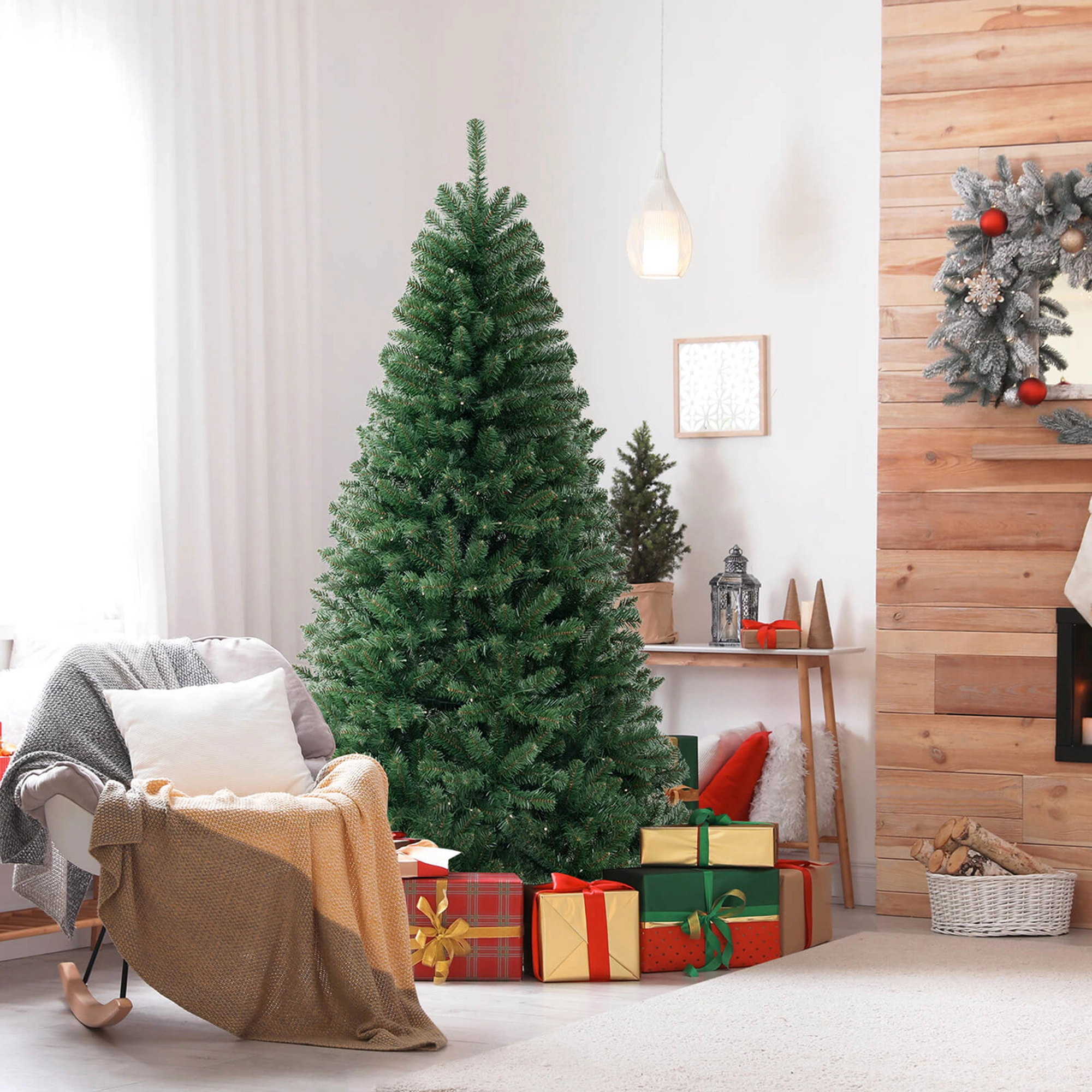 Costway 6/7/8 FT Christmas Tree with 568 PVC Branch Tips 200/250/400 Warm LED Lights Gloves