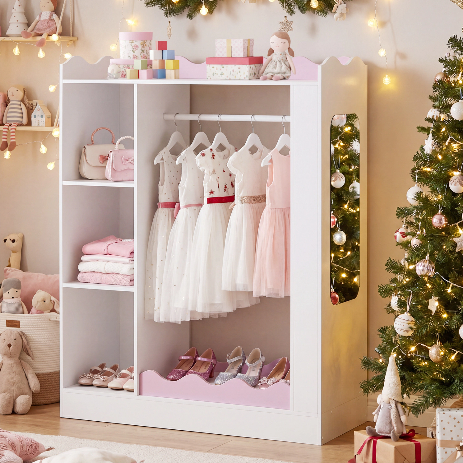 Hivvago Kids Dress Up Storage with Mirrors and Hanging Rack and Shelves for Bedroom
