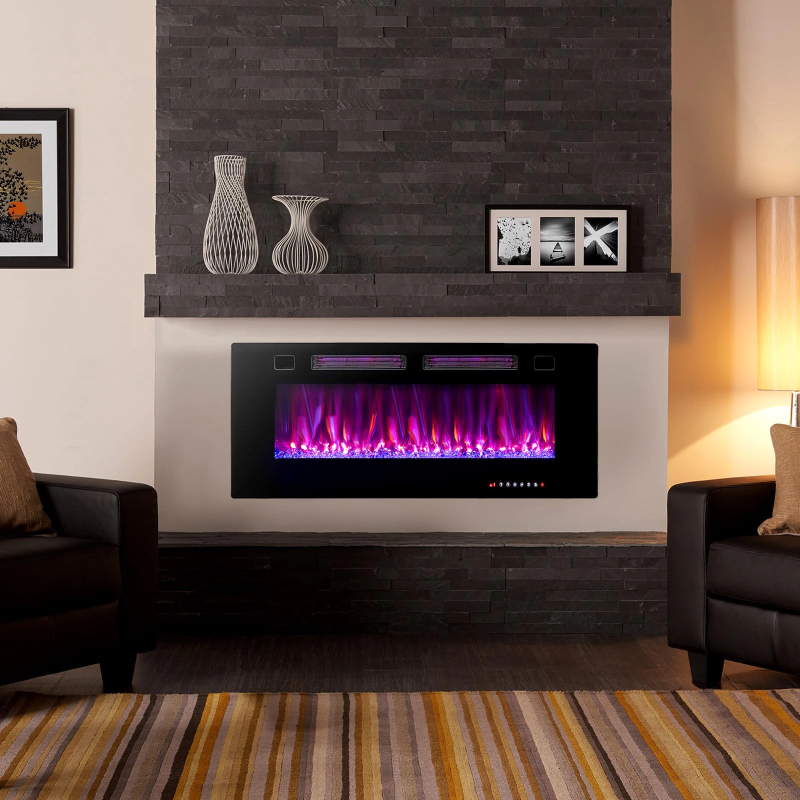 SUGIFT 42-in Decorative Crystals Smart App Control Ultra-Thin Electric Fireplace 42-in x 3.19-in x 18.11-in 1500W Black