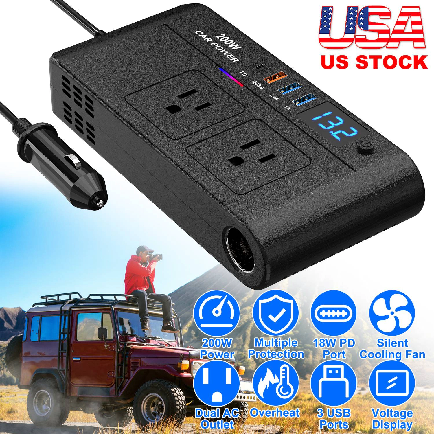 GBruno 200W Car Power Inverter DC 12V To AC 110V