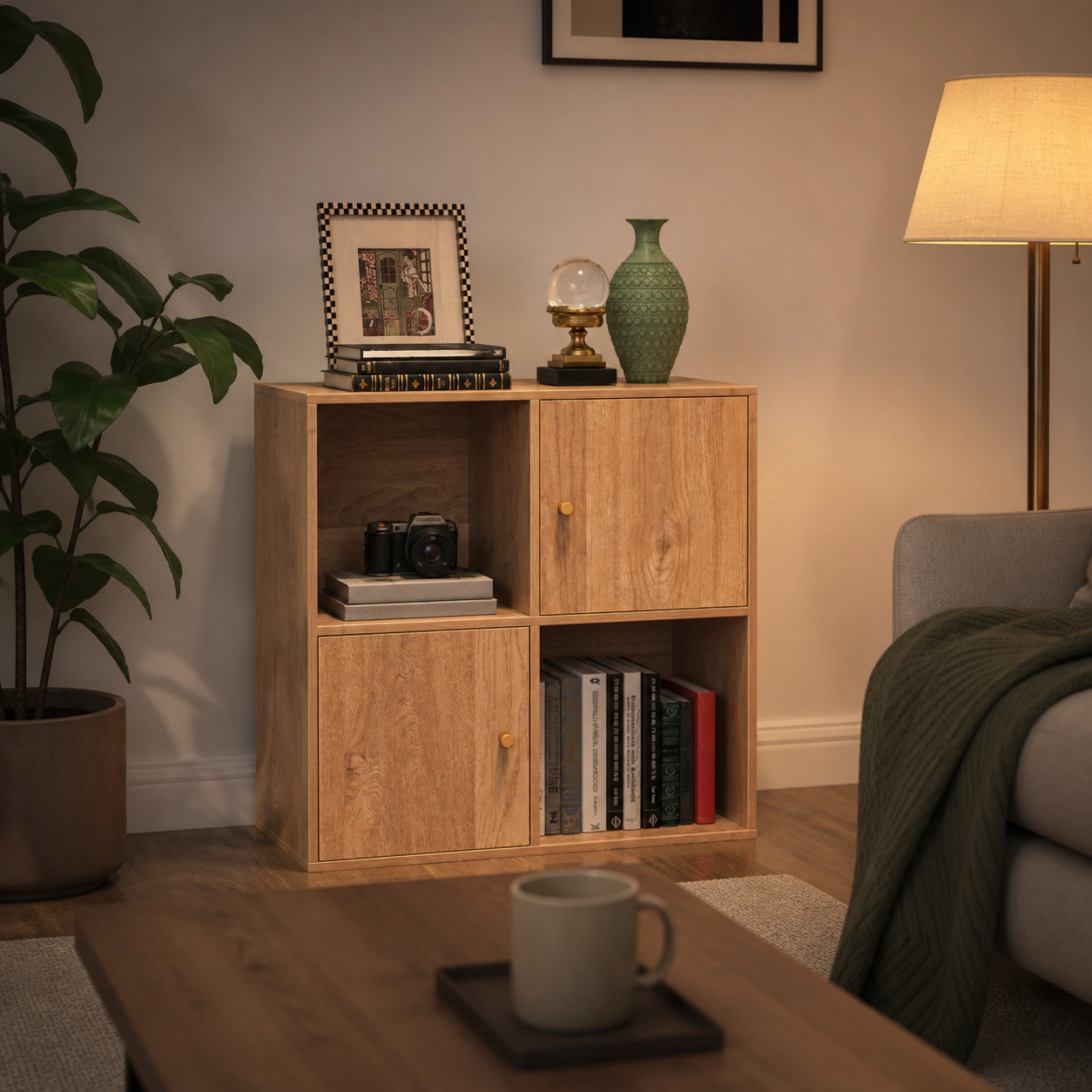 SUGIFT 4-Cube Natural 3-Tier Small Bookshelf with Doors 2 Storage Cabinets and Anti-Tipping Kits