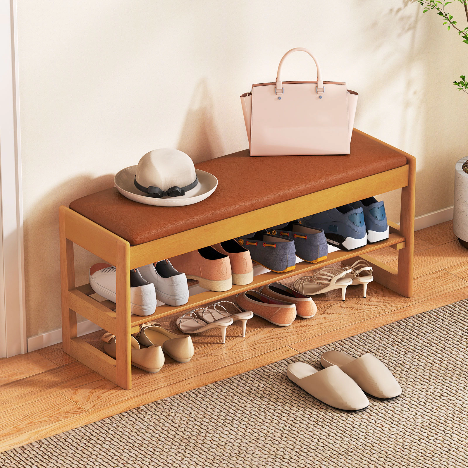 SUGIFT Brown Flip-Open Storage 2-Tier Rubberwood Entryway Bench 40 Inch Shoe Rack Bench