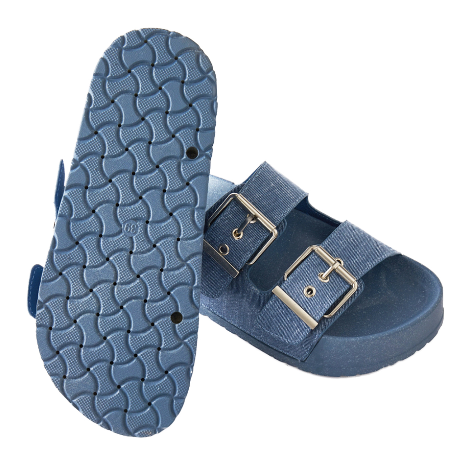 Roxoni Women's Open Toe Denim Double Adjustable Buckle Sandal Slipper