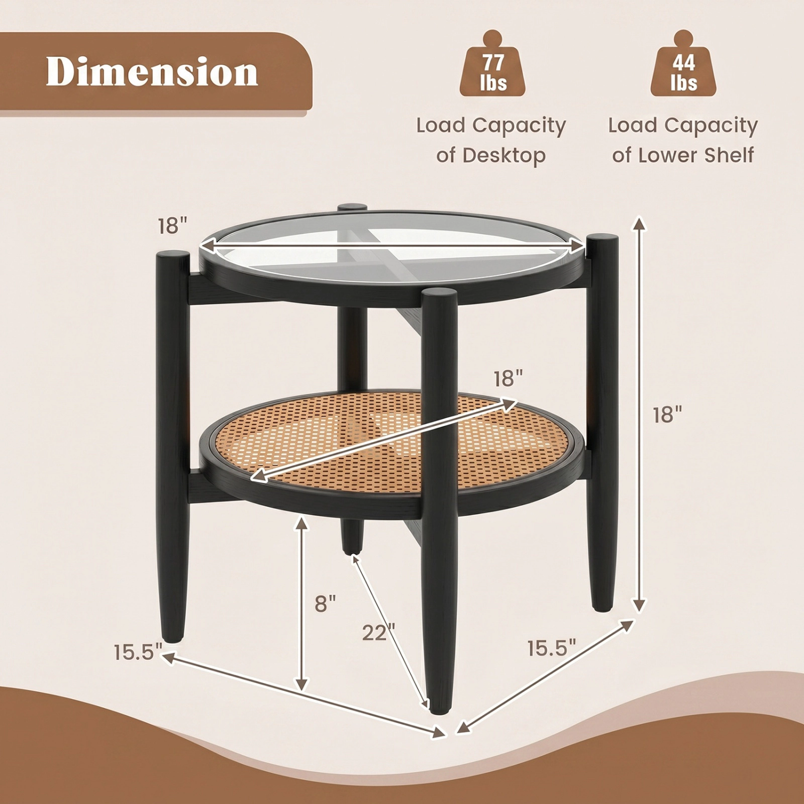 SUGIFT 22-Inch Round Boho Rattan Side Table with Tempered Glass Top and Acacia Wood Legs
