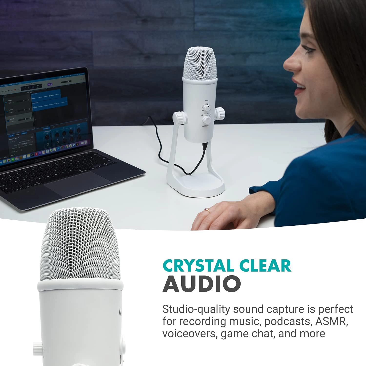 Movo UM700W White Desktop USB Microphone for Computer - Studio Mic with 4 Pickup Patterns - USB Gaming Microphone